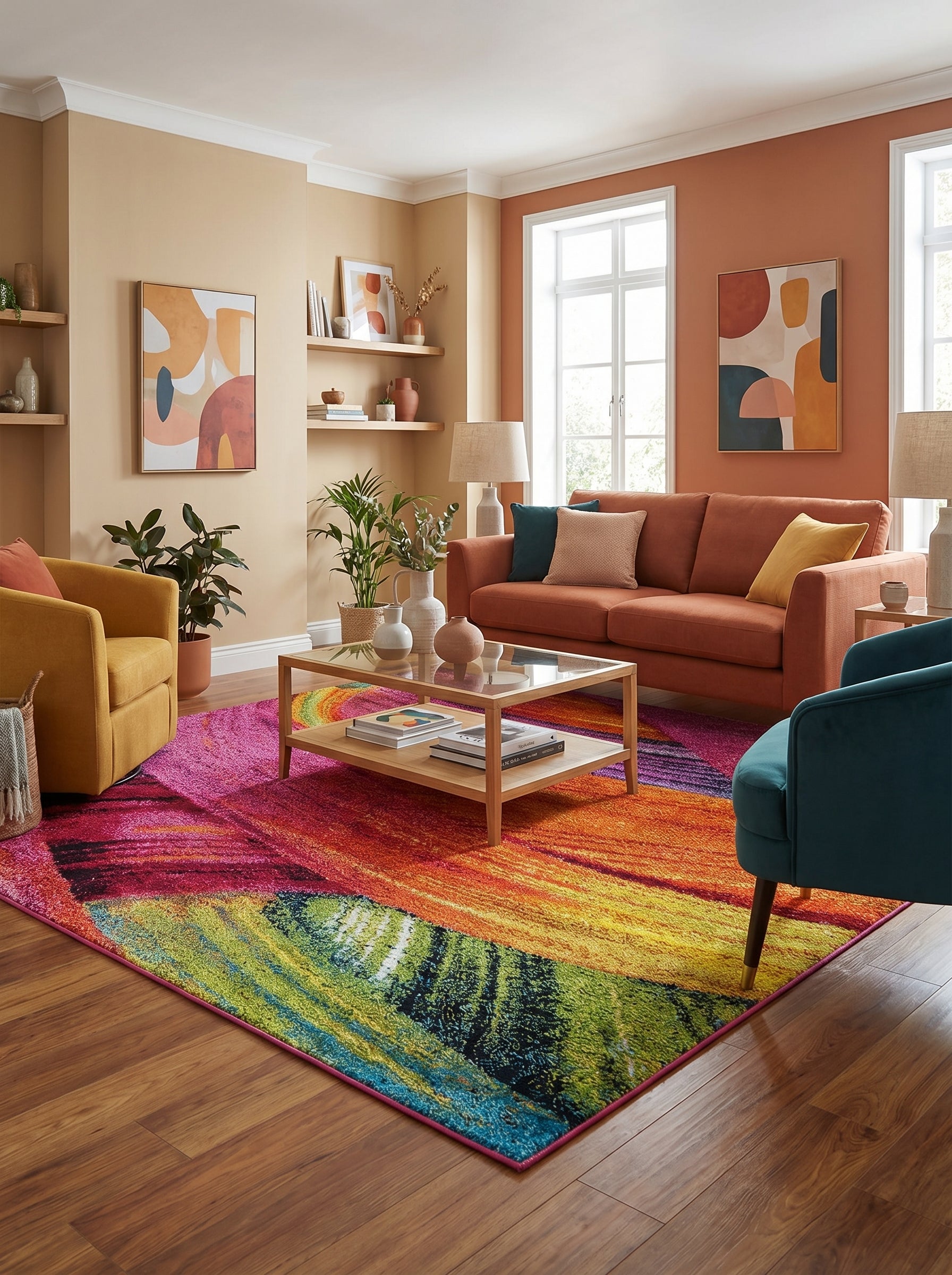 Tapis rectangulaire à motifs abstraits aux couleurs fuchsia, orange, jaune, vert, bleu, violet, posé sur un parquet dans un salon