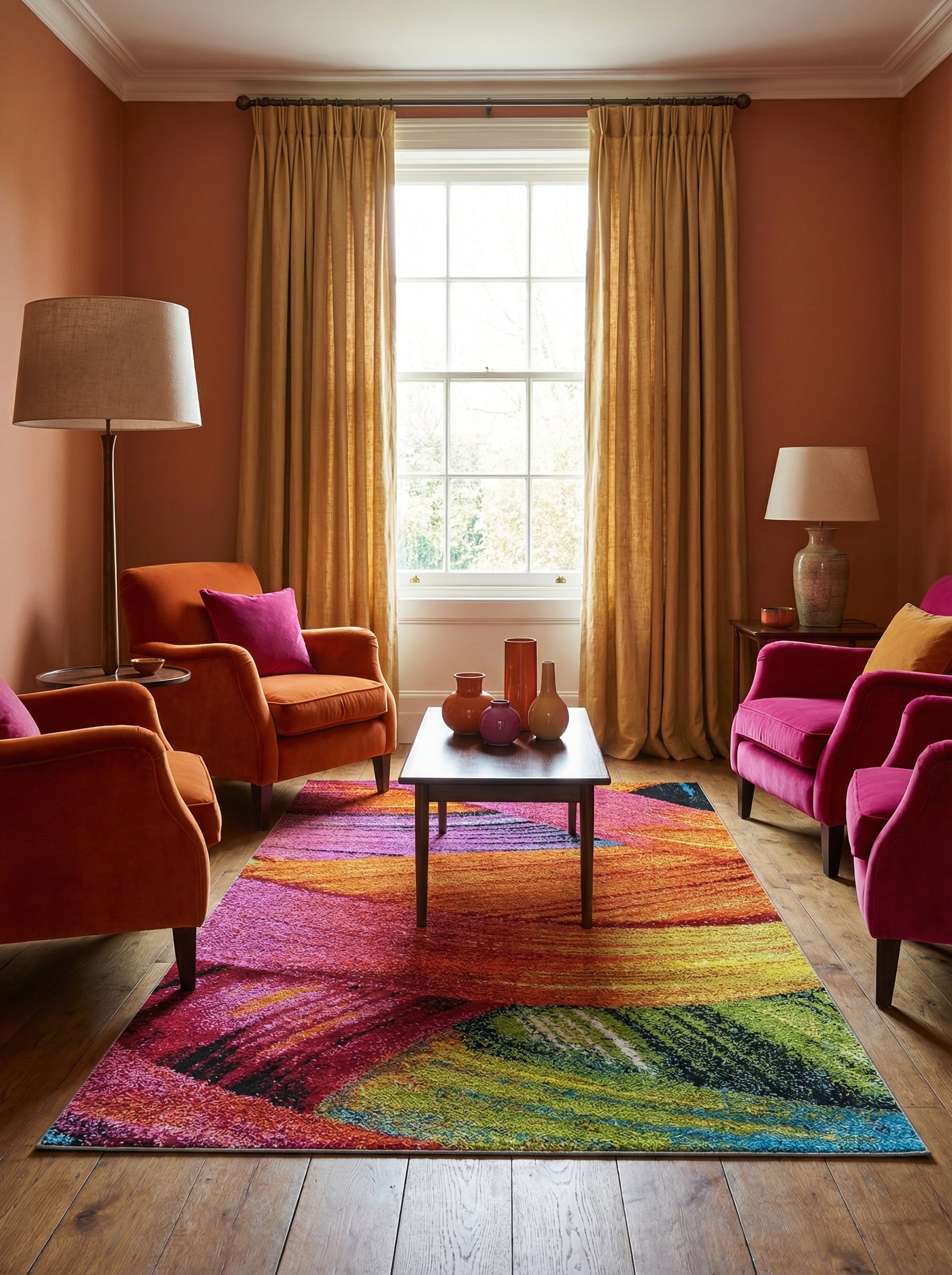 Tapis rectangulaire texturé aux motifs abstraits et colorés en fuchsia, orange, jaune, vert et bleu sur un parquet de salon