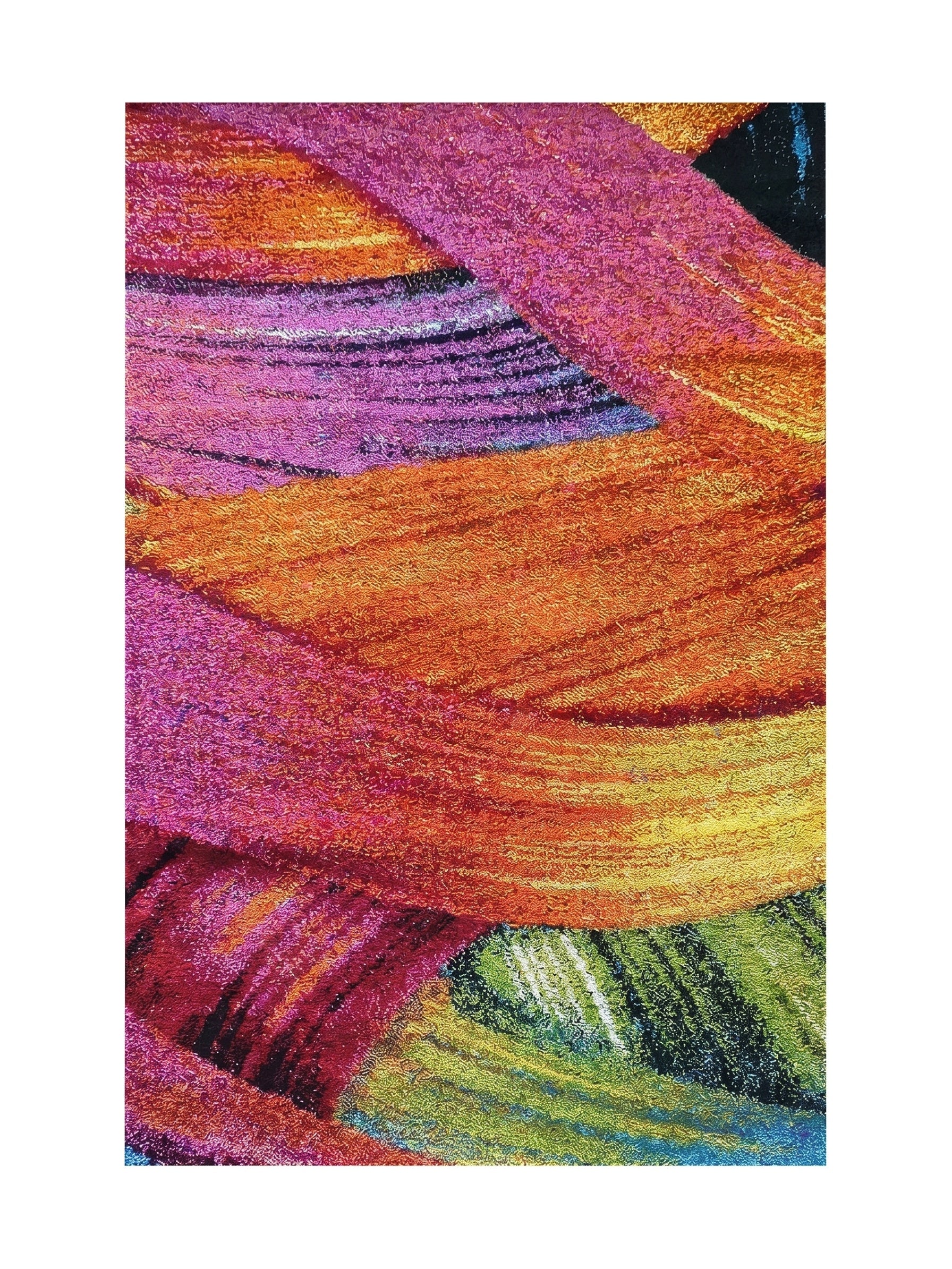 Tapis rectangulaire multicolore à la texture visuelle de coups de pinceau abstraits, avec des teintes vives de rose, orange, vert et bleu