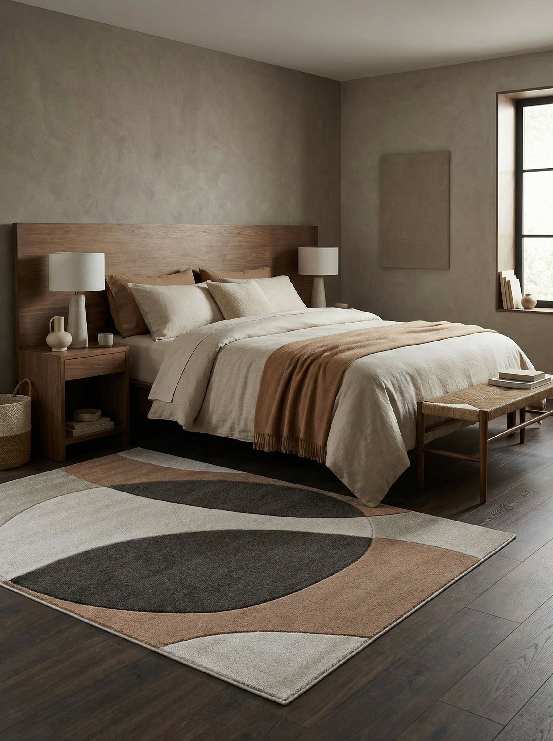 Tapis rectangulaire à motifs organiques crème, gris clair, marron et gris foncé, sur parquet sombre dans une chambre