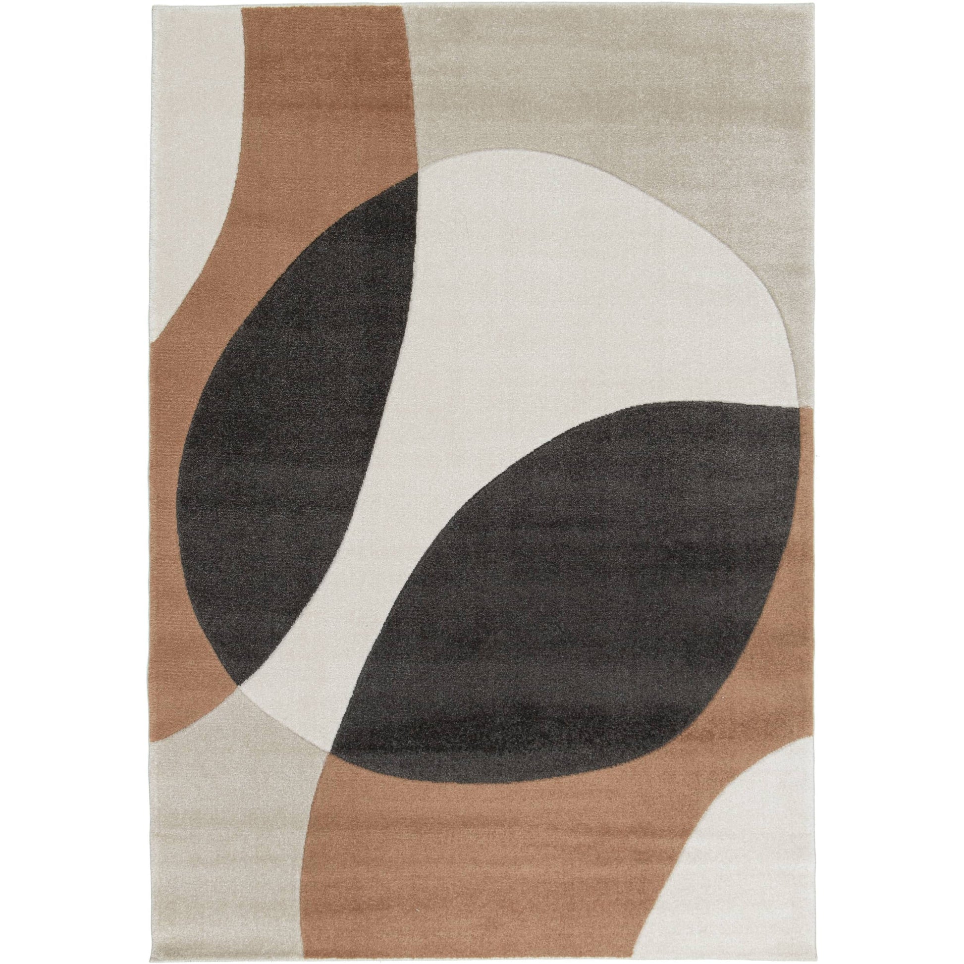 Tapis doux aux motifs abstraits de grandes formes arrondies crème, marron camel et gris anthracite