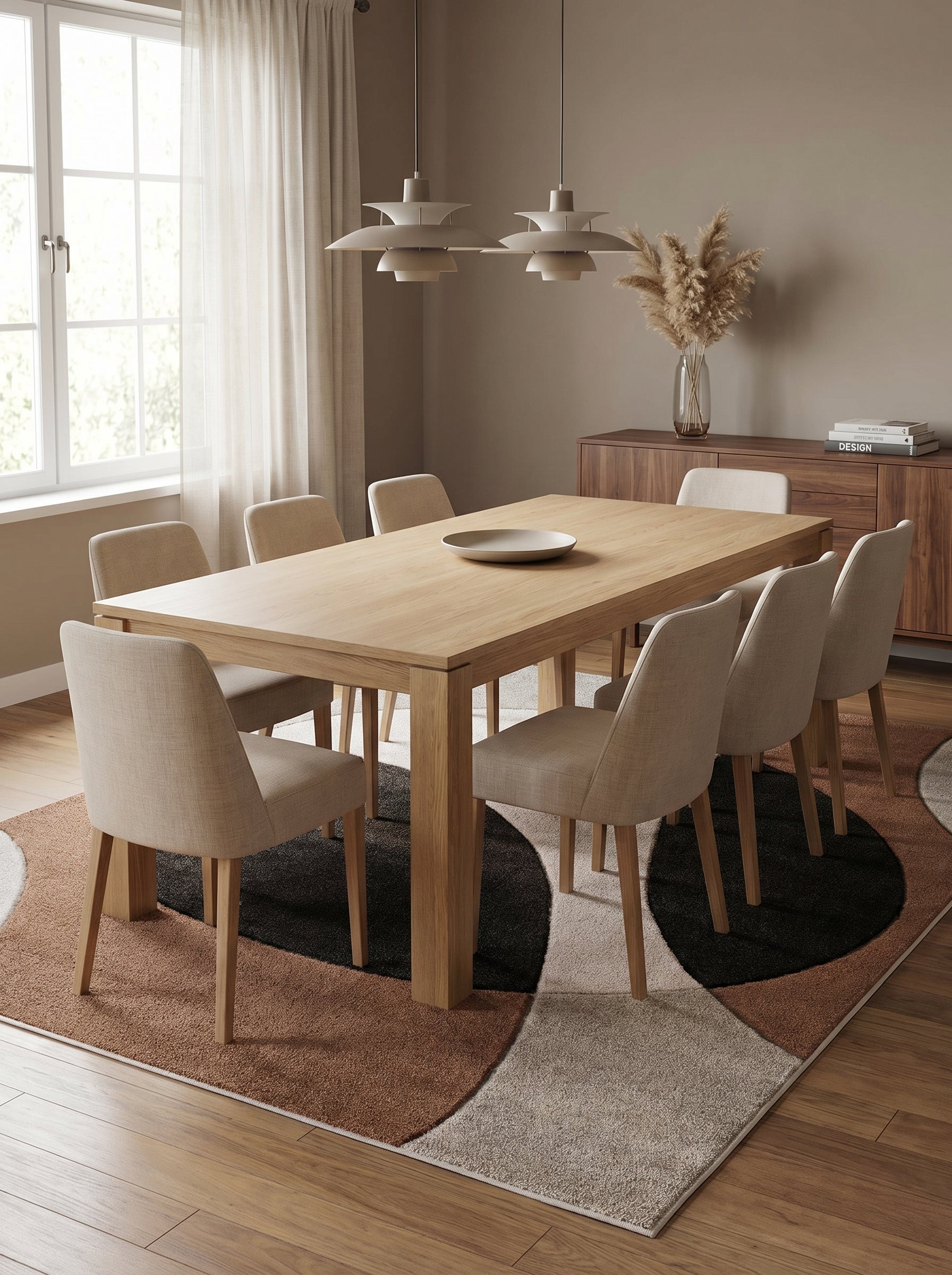 Tapis rectangulaire aux motifs abstraits et incurvés noirs, bruns roux et beige clair, sous une table de salle à manger