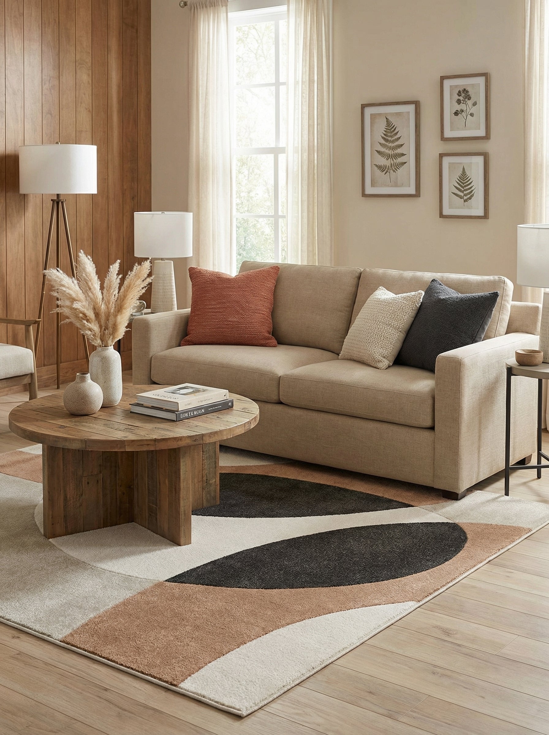 Tapis rectangulaire aux motifs abstraits organiques beige clair, marron terracotta, charbon et gris pâle, dans un salon