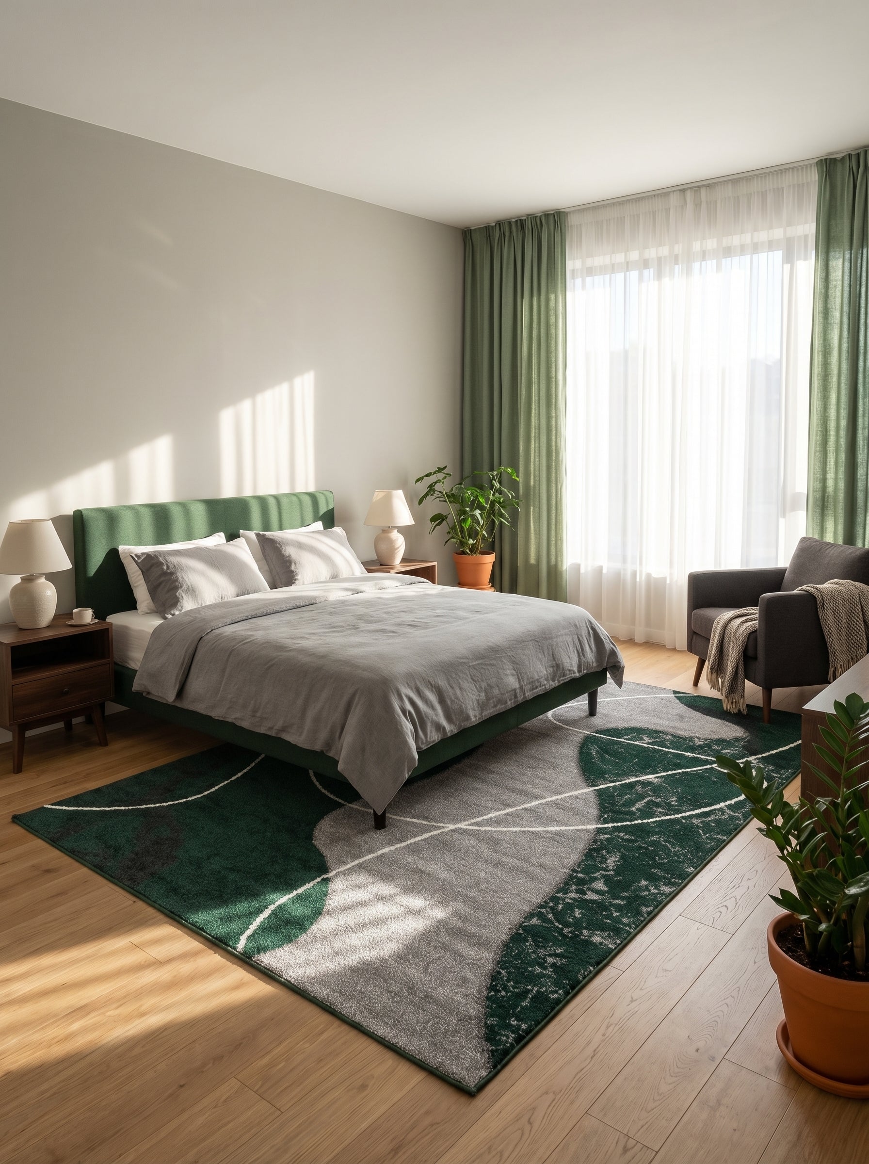 Tapis rectangulaire aux motifs abstraits vert foncé et gris clair, avec des lignes blanches, posé sur un parquet de chambre