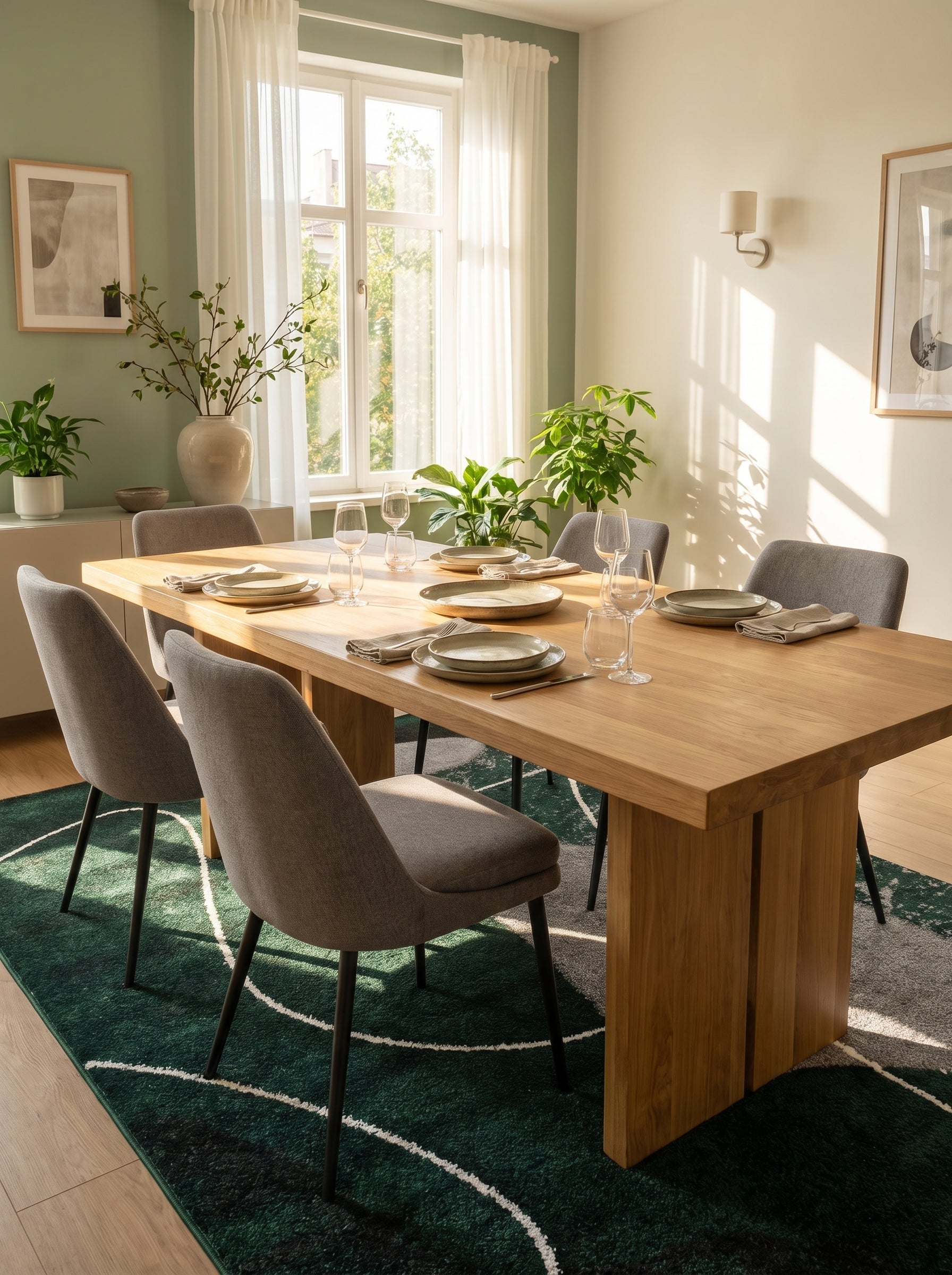 Tapis rectangulaire aux teintes de vert forêt et gris, orné de motifs abstraits incurvés blancs, dans une salle à manger