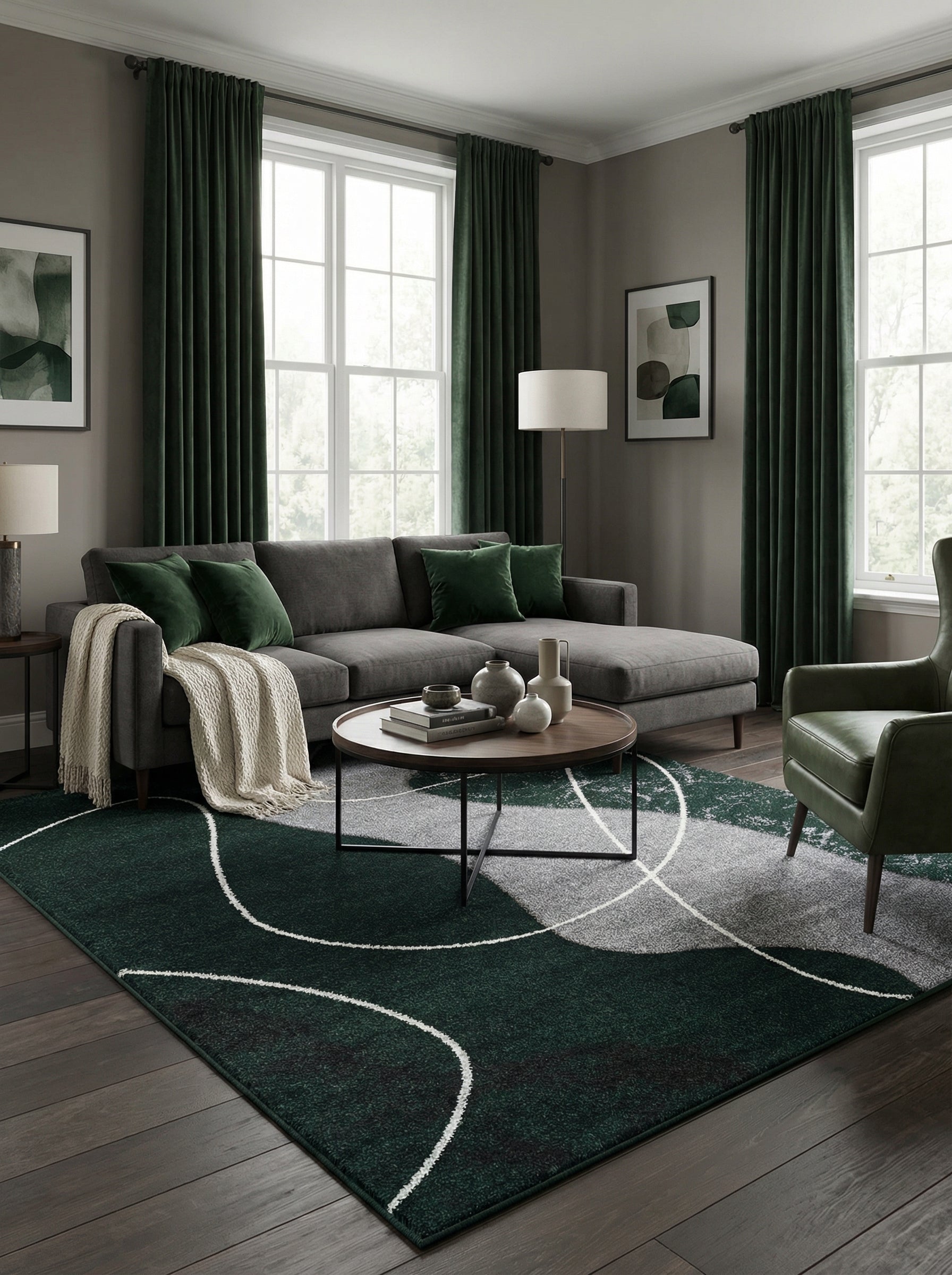 Tapis rectangulaire vert foncé et gris aux motifs abstraits courbés blancs, posé sur un plancher en bois dans un salon moderne