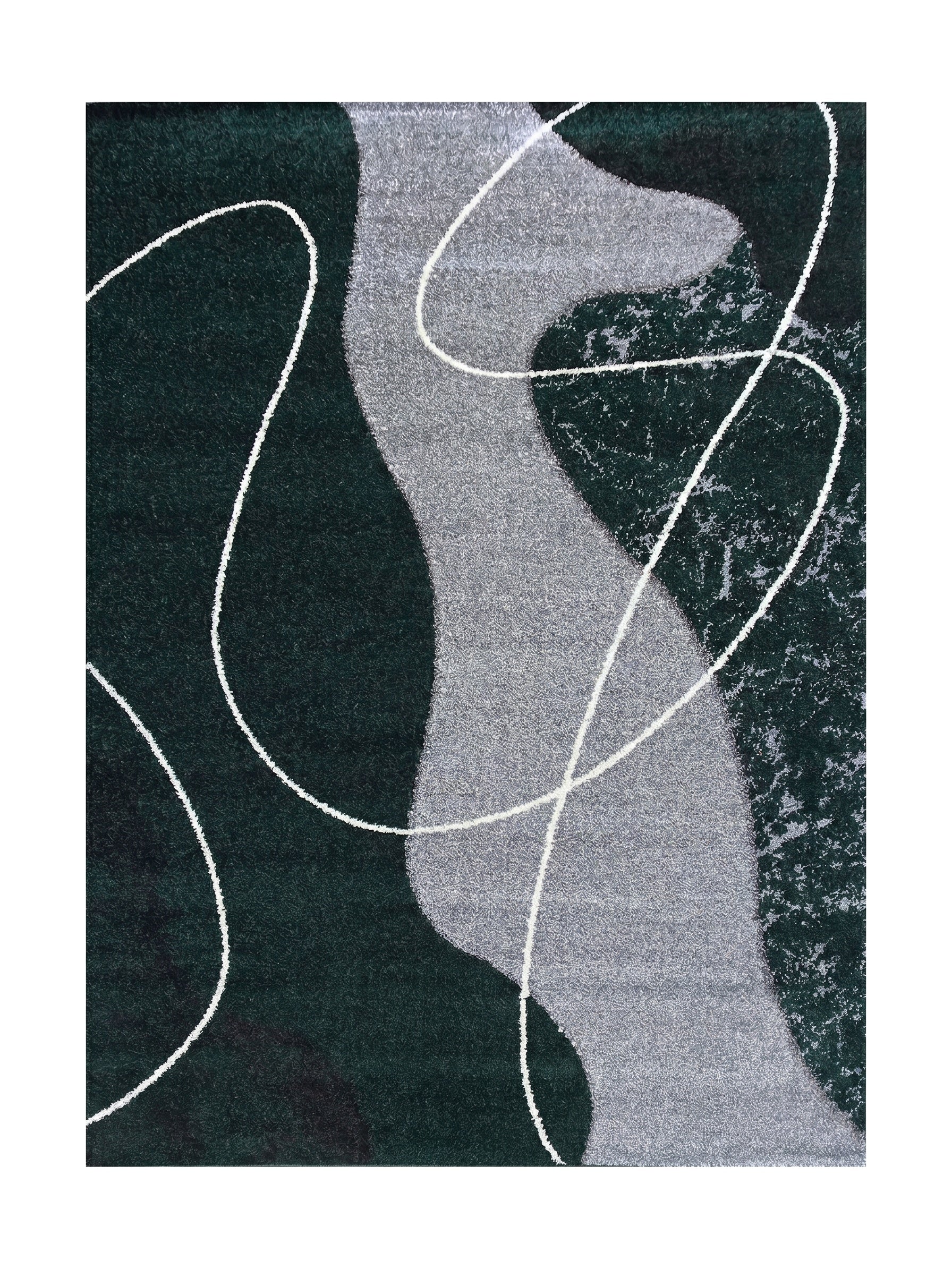 Tapis rectangulaire aux motifs abstraits vert foncé et gris clair, avec de fines lignes blanches sinueuses et une texture textile douce