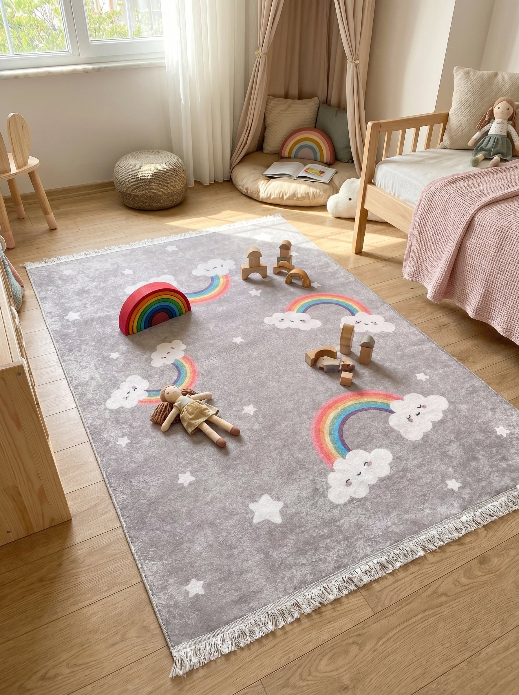 Tapis rectangulaire gris à franges, décoré d'arcs-en-ciel, de nuages souriants et d'étoiles blanches, dans une chambre d'enfant