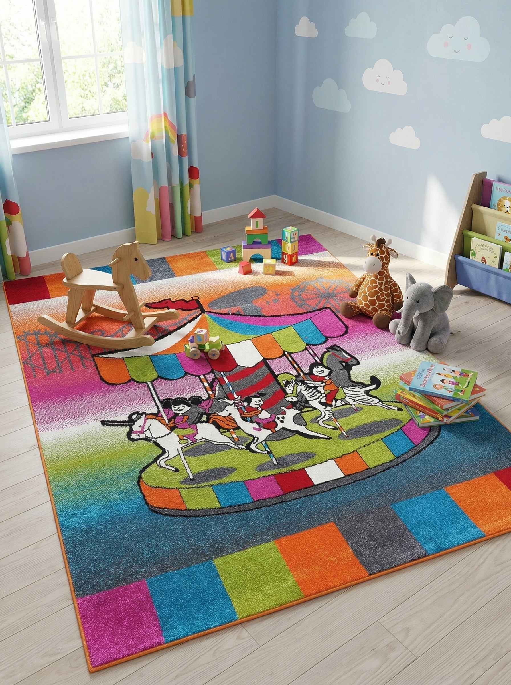 Tapis rectangulaire multicolore à poils ras avec un motif vif de manège d'enfants sur un fond dégradé arc-en-ciel, dans une chambre d'enfant