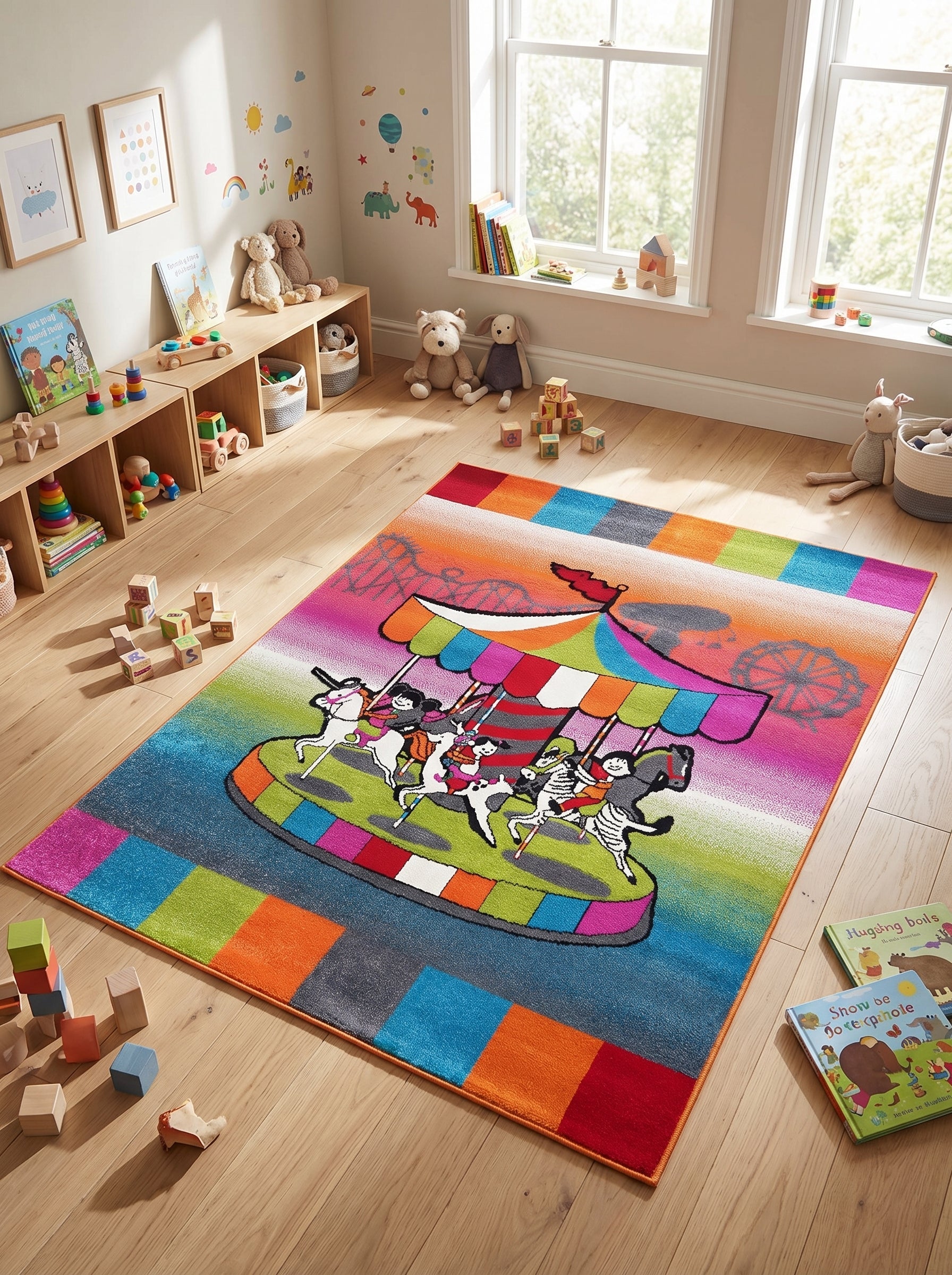 Tapis rectangulaire multicolore avec un carrousel central, sur fond dégradé et bordures à carreaux, dans une chambre d'enfant
