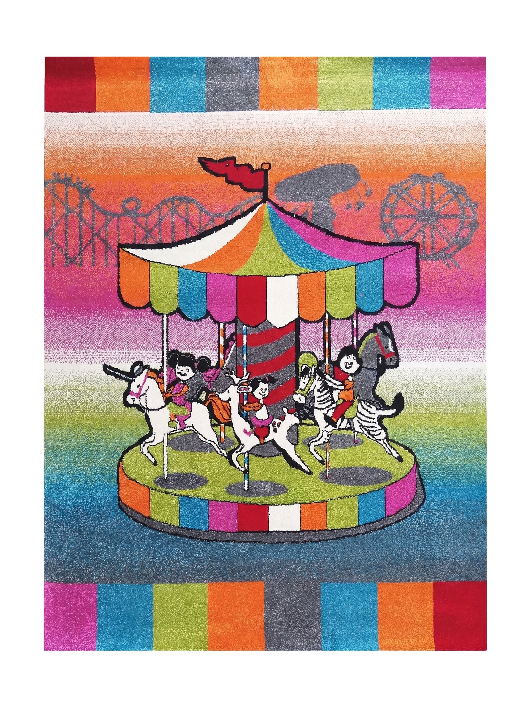 Tapis multicolore présentant un carrousel central avec enfants sur animaux, un fond de parc d'attractions et des bordures vives
