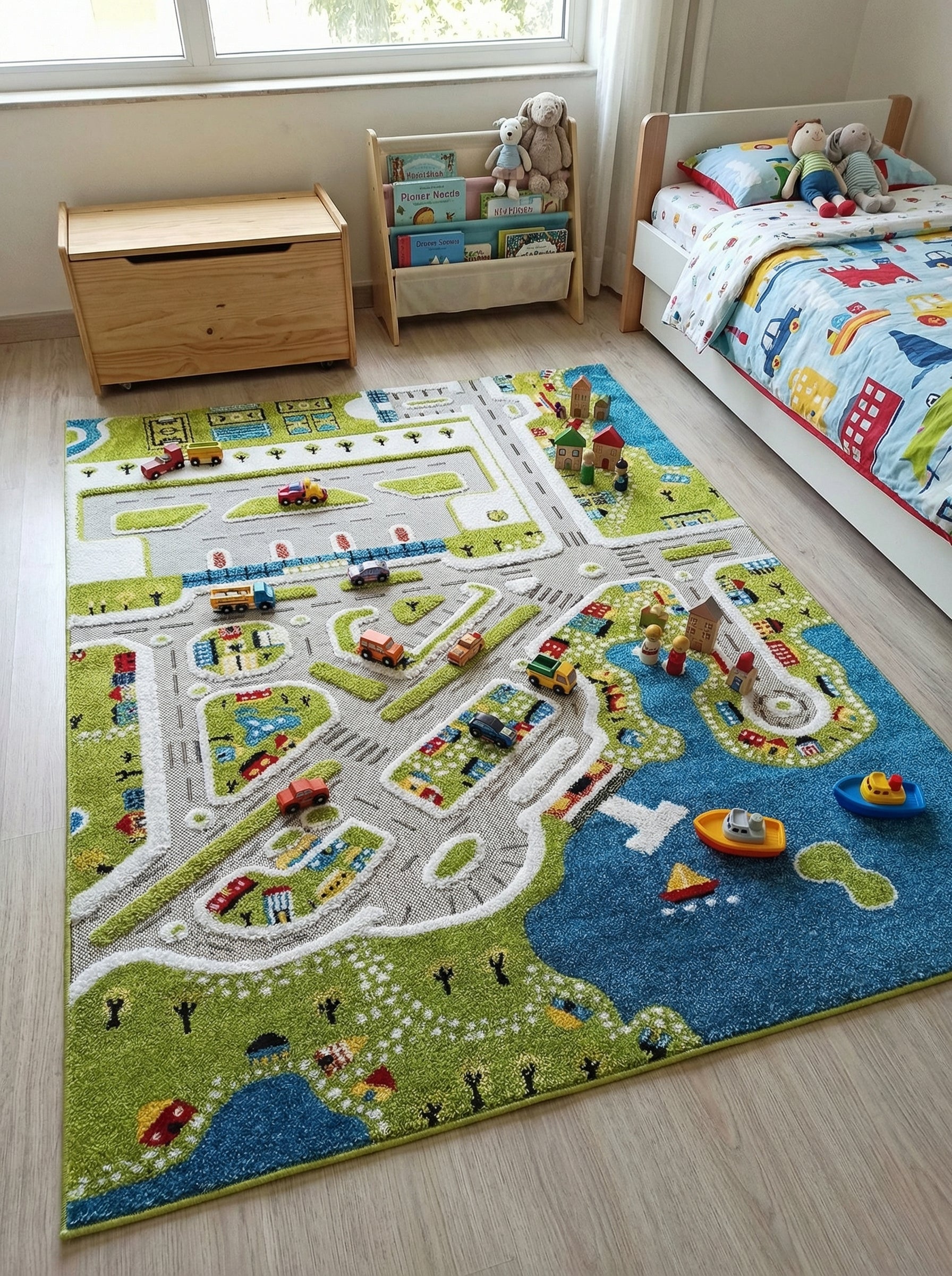 Tapis de jeu coloré représentant une ville avec des routes, des zones vertes, un plan d'eau bleu et des jouets, au sol d'une chambre d'enfant