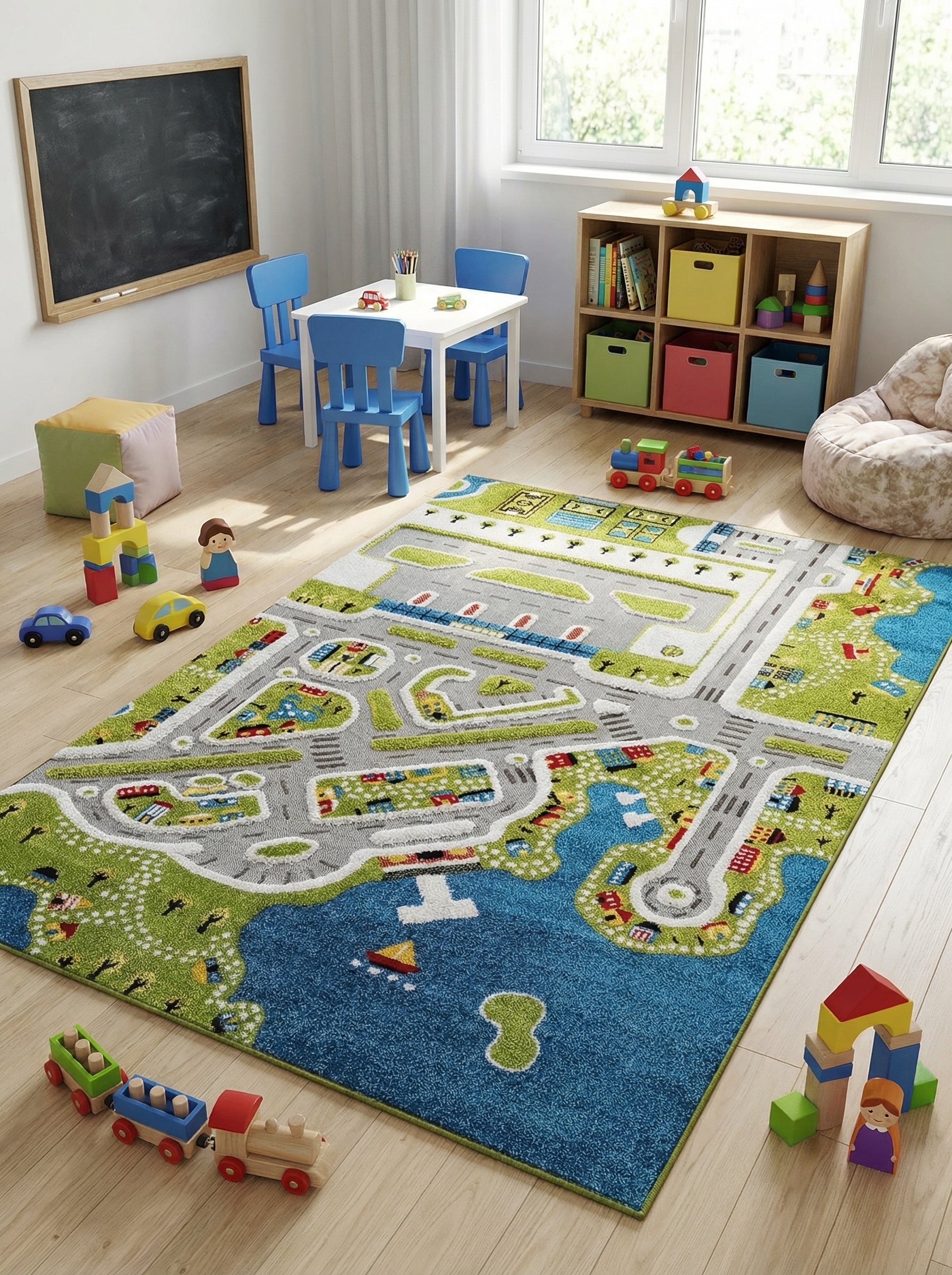 Tapis rectangulaire coloré avec un motif de ville, routes grises, paysages verts et plans d'eau bleus, dans une chambre d'enfant