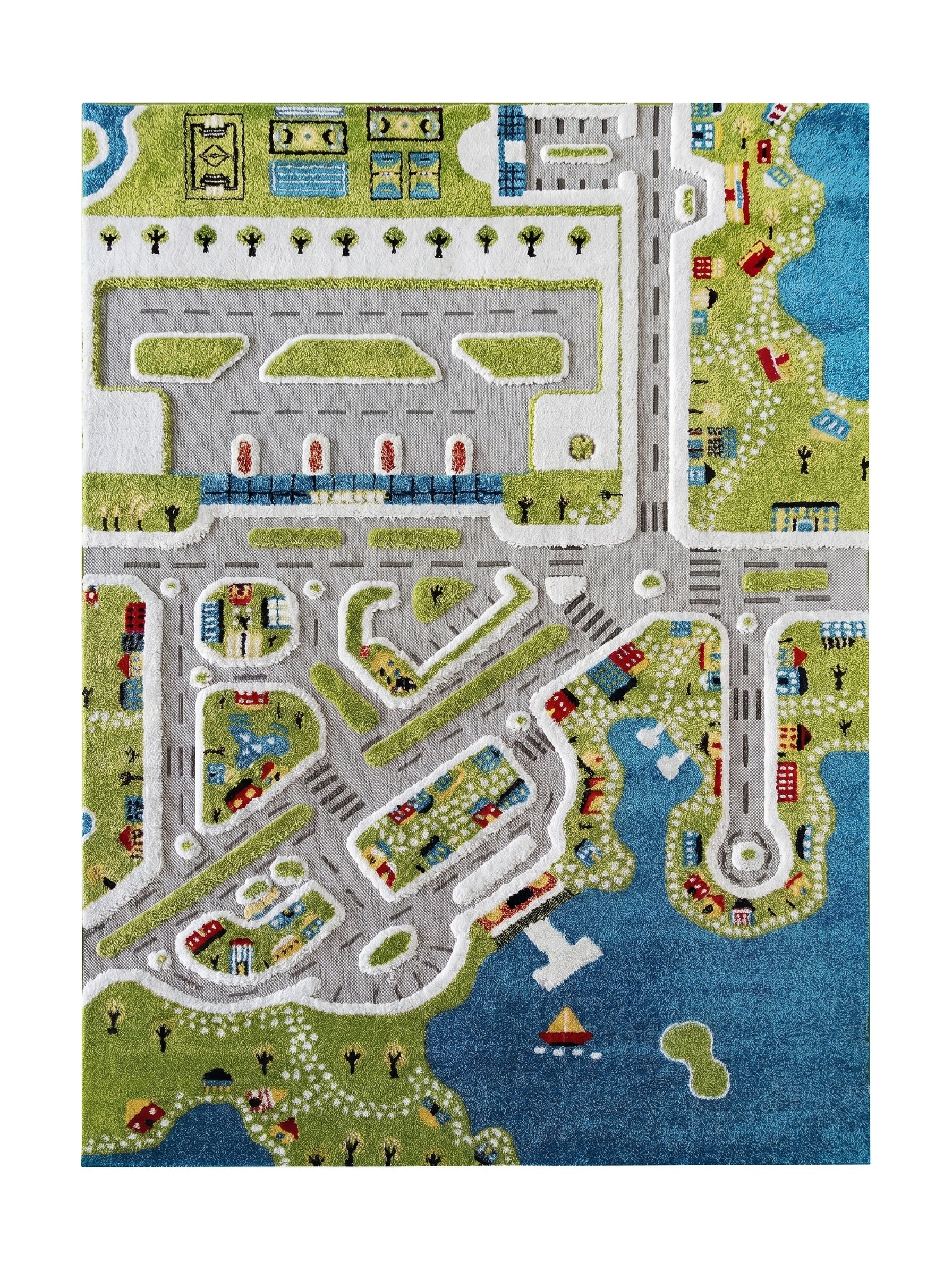 Tapis à motif de carte urbaine avec aéroport, routes, maisons et espaces verts, bordé par une mer bleue, aux couleurs vives