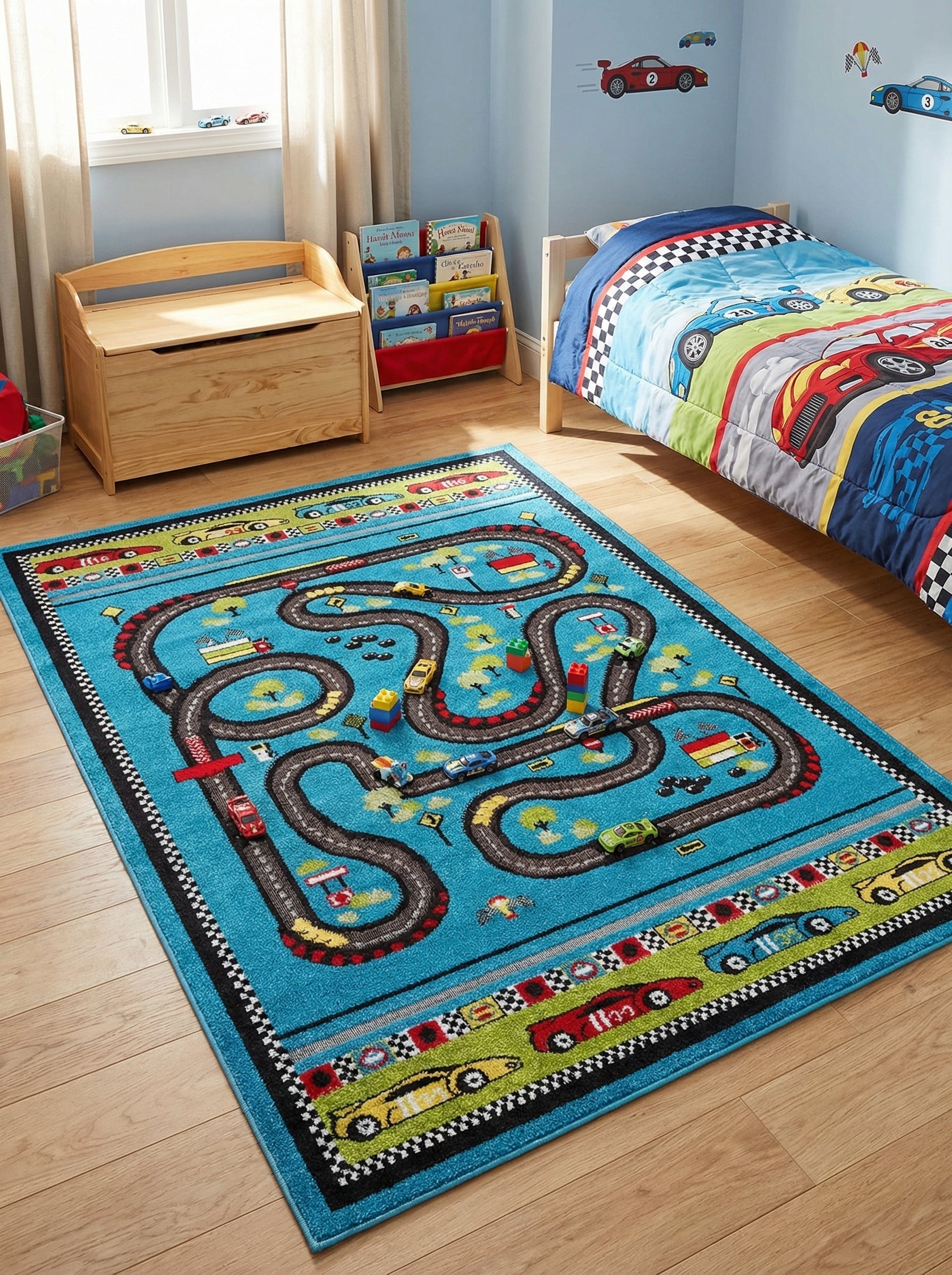 Tapis en tissu rectangulaire bleu turquoise, motif circuit automobile et bordure à damiers, dans une chambre d'enfant