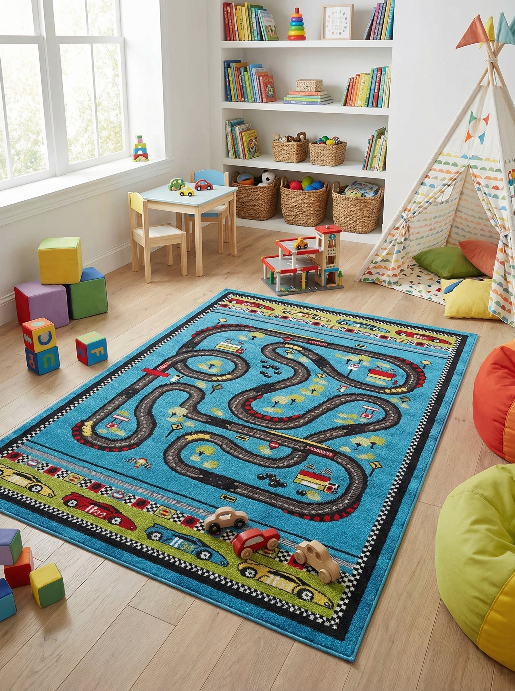 Tapis rectangulaire bleu vif avec une piste de course sinueuse grise, des arbres verts et une bordure de voitures colorées, posé sur un parquet dans une chambre d'enfants