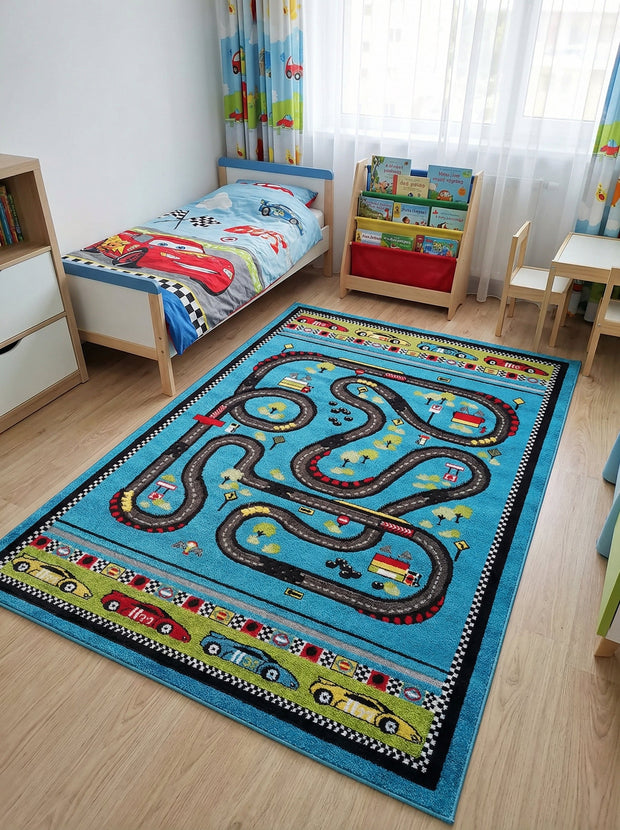 Kindervloerkleed Racecircuit Blauw - Konfeti