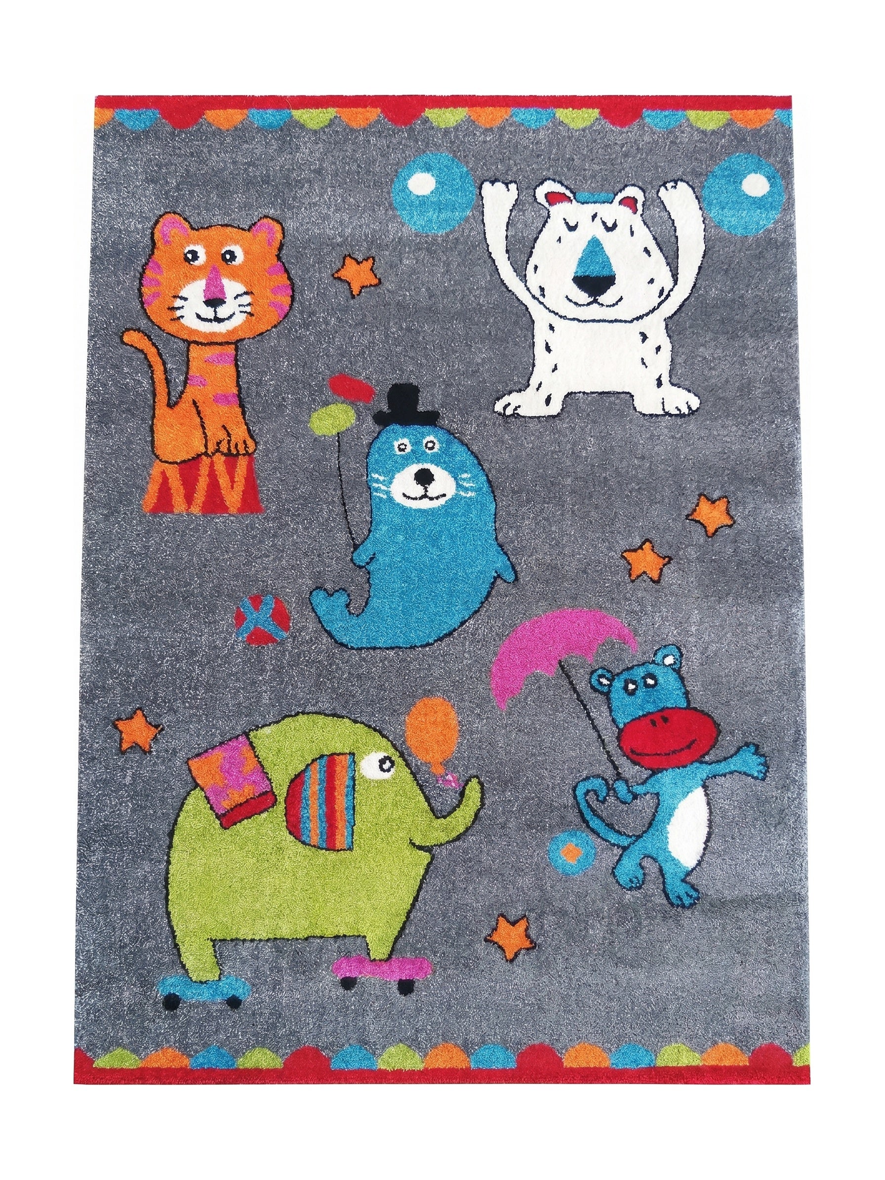 Tapis gris à poils longs orné d'animaux de cirque joyeux et d'étoiles colorées en motifs vifs