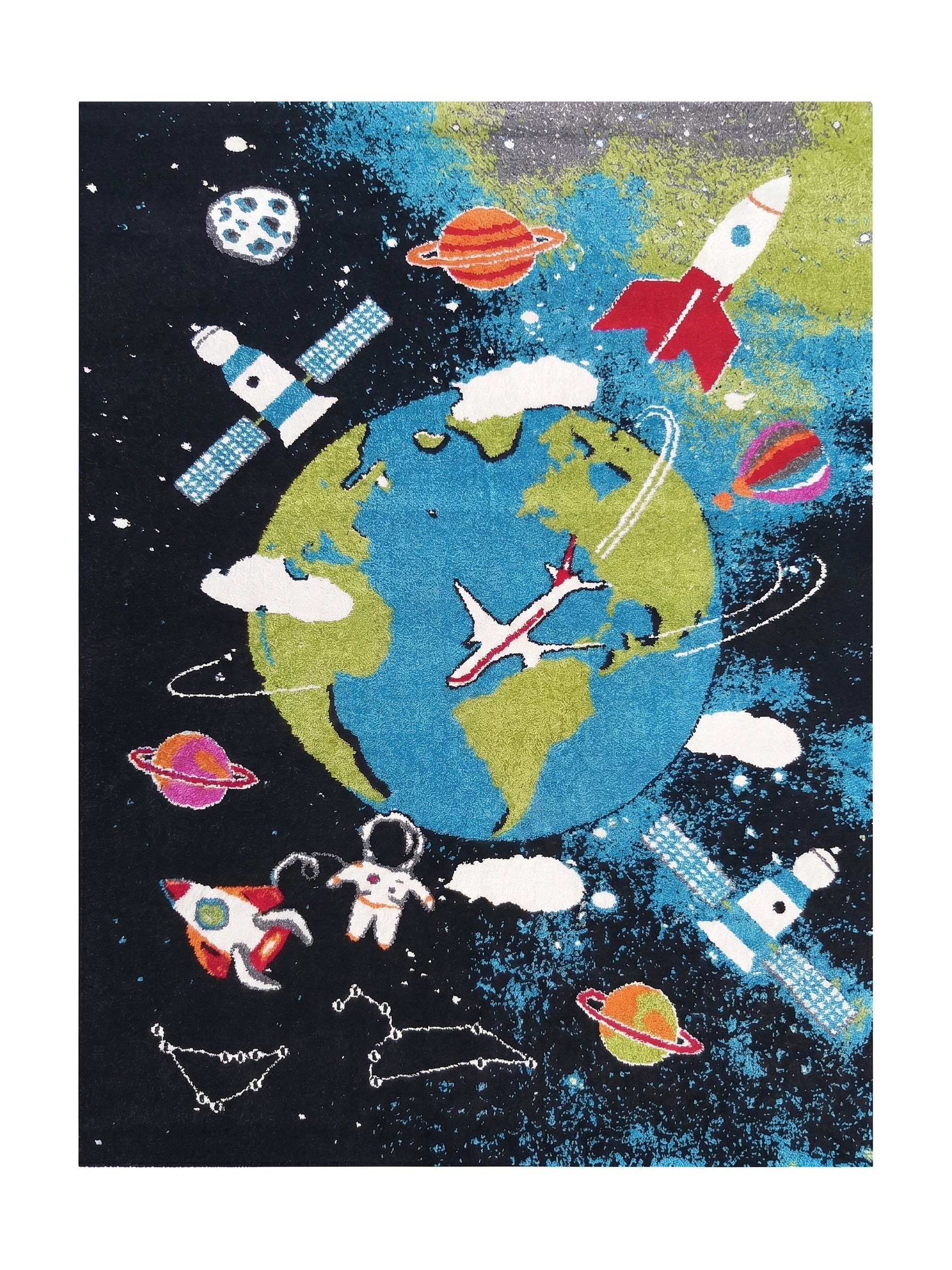 Tapis multicolore montrant la Terre, fusées, satellites, planètes, un astronaute et un avion dans l'espace
