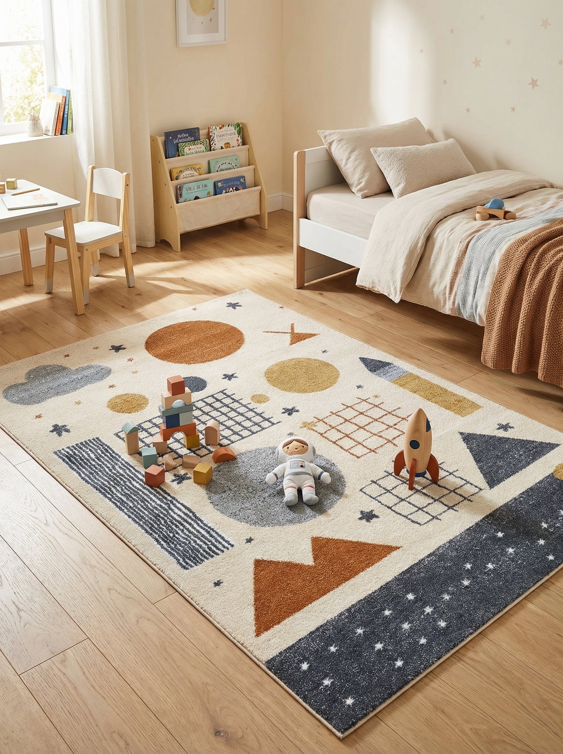 Tapis rectangulaire moelleux crème à motifs spatiaux géométriques bleu nuit, orange terre cuite et jaune moutarde, dans une chambre d'enfant
