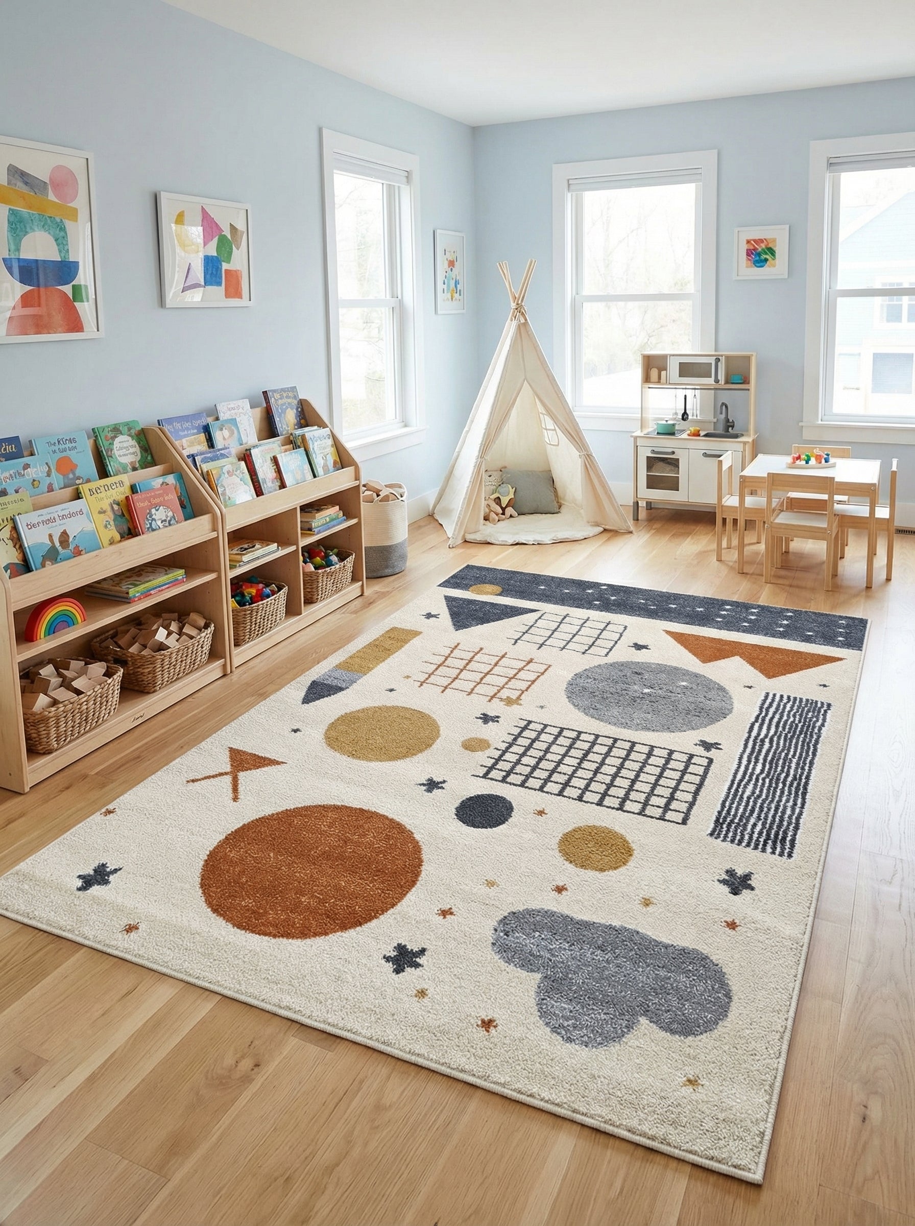 Tapis rectangulaire crème à motifs géométriques et abstraits marron, ocre, gris et bleu, sur parquet dans une salle de jeux lumineuse