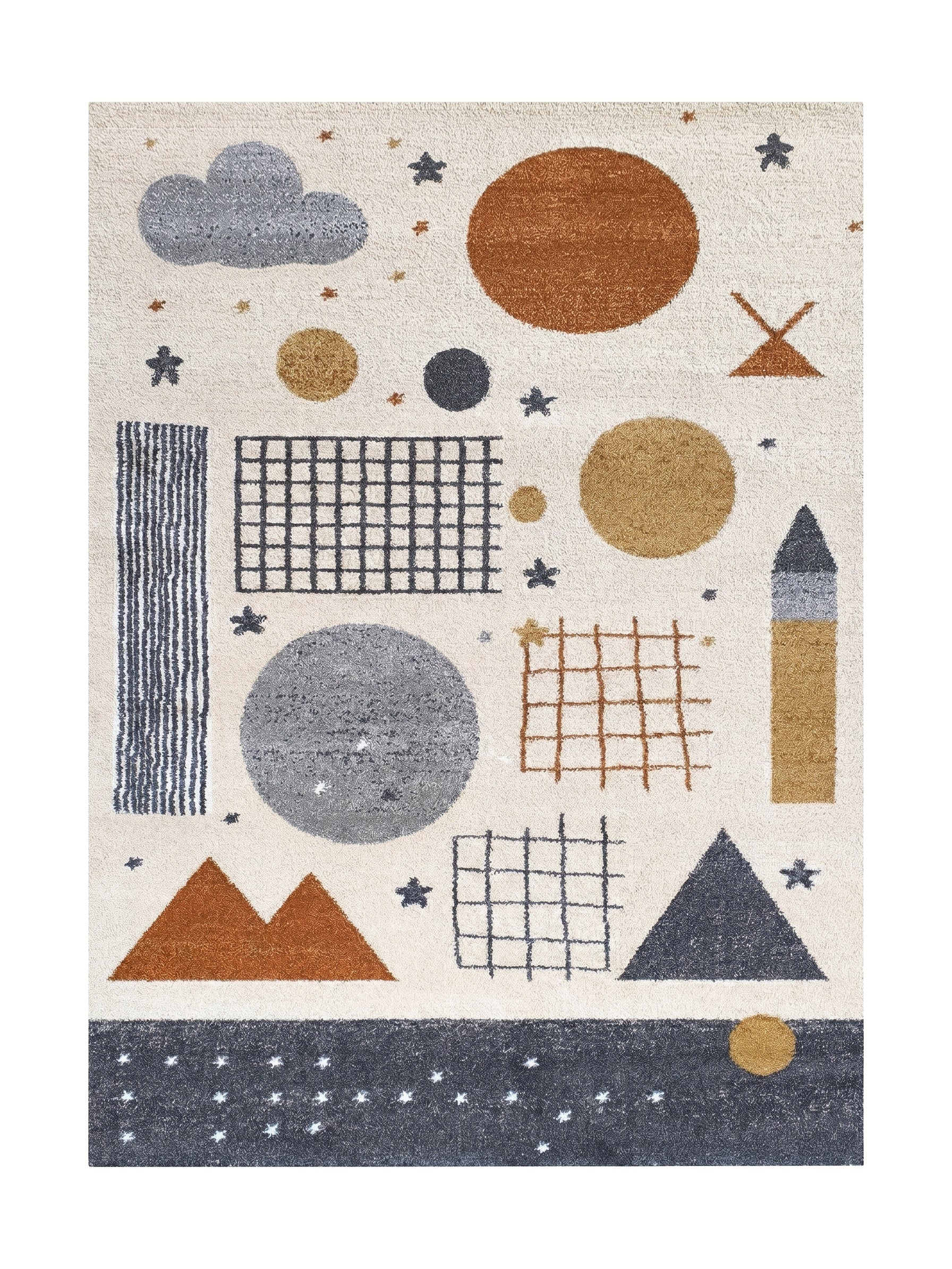 Tapis crème à motifs enfantins géométriques et étoiles, couleurs gris, marron, jaune moutarde. Bordure gris foncé étoilée