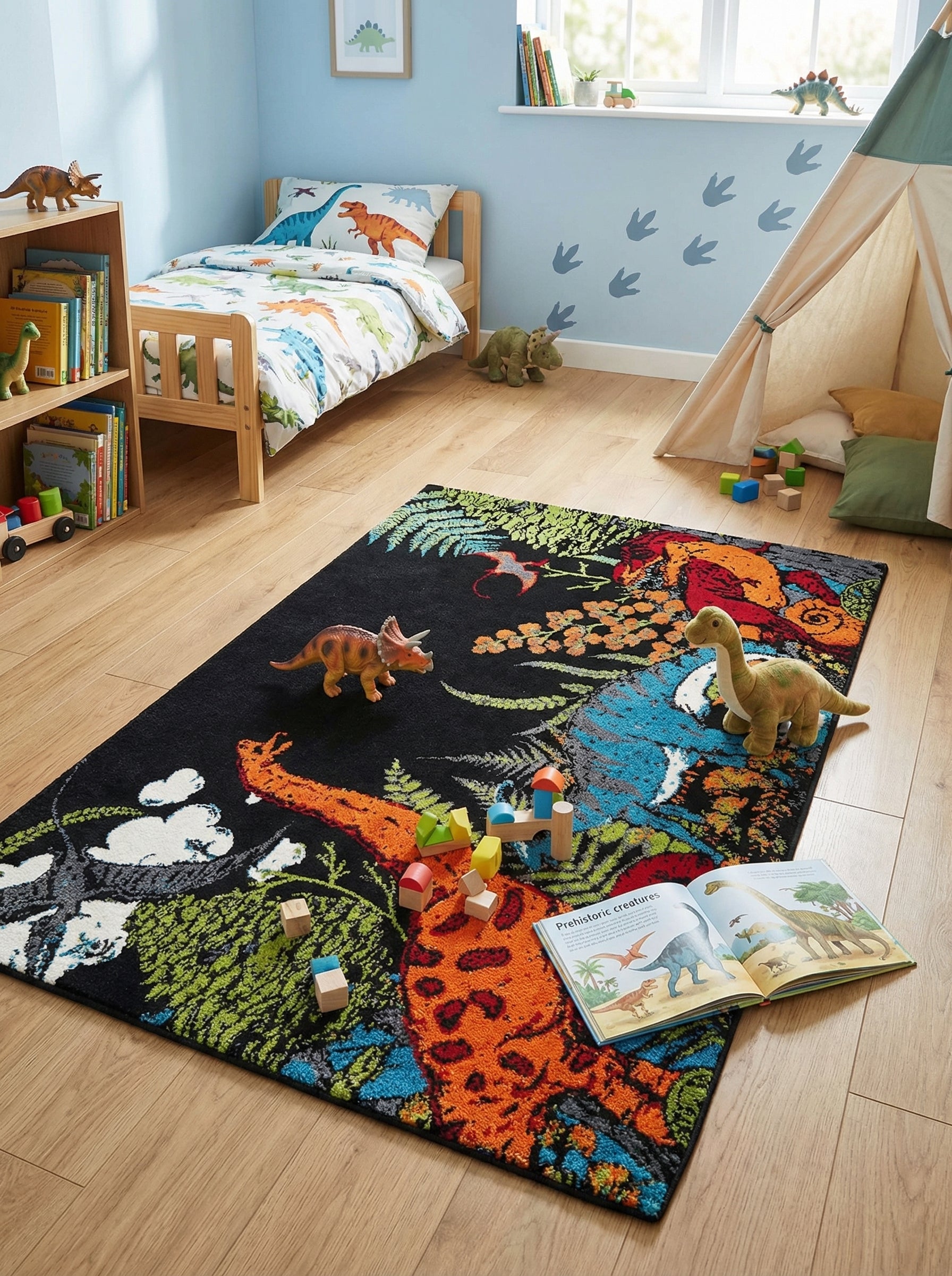 Tapis rectangulaire multicolore à fond noir avec des dinosaures et de la végétation vive, au centre d'une chambre d'enfant