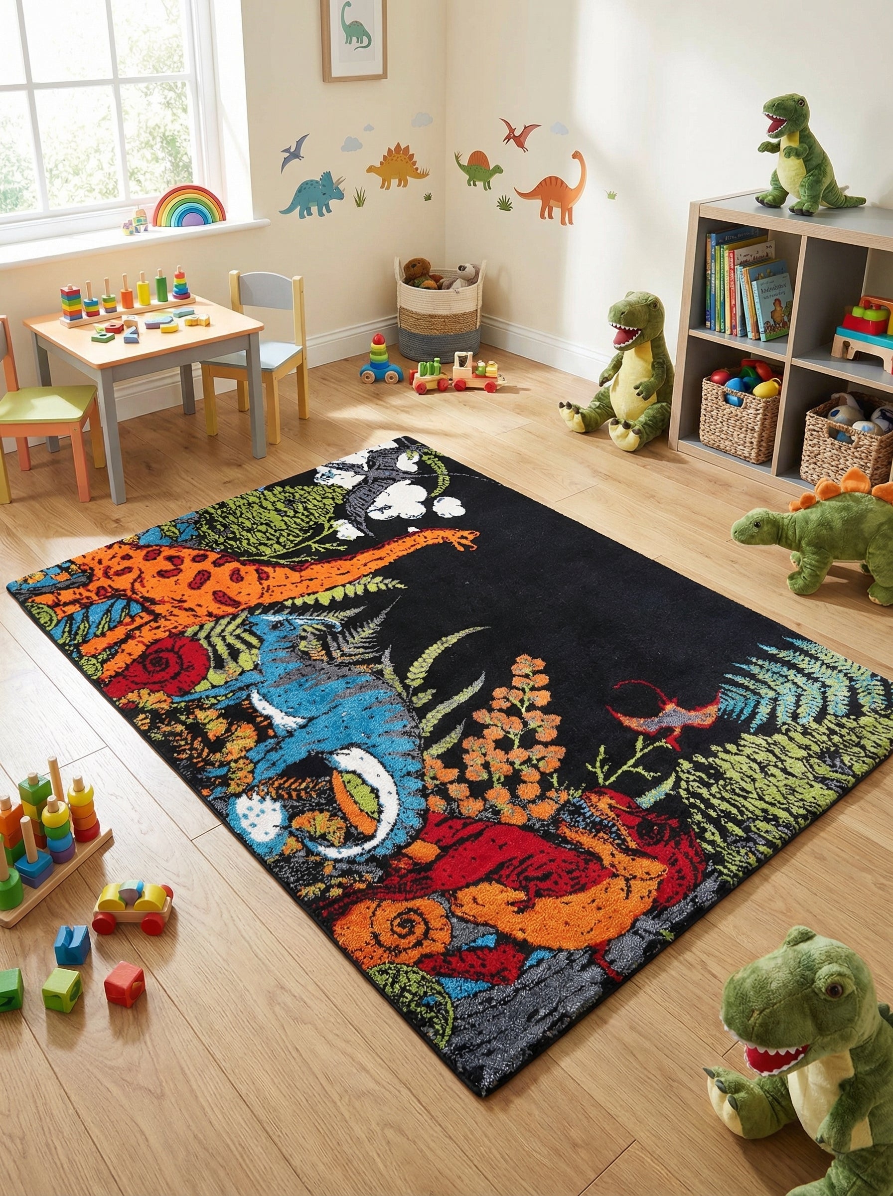 Tapis rectangulaire noir avec dinosaures (orange, bleu, vert) et végétation colorée, posé dans une chambre d'enfant