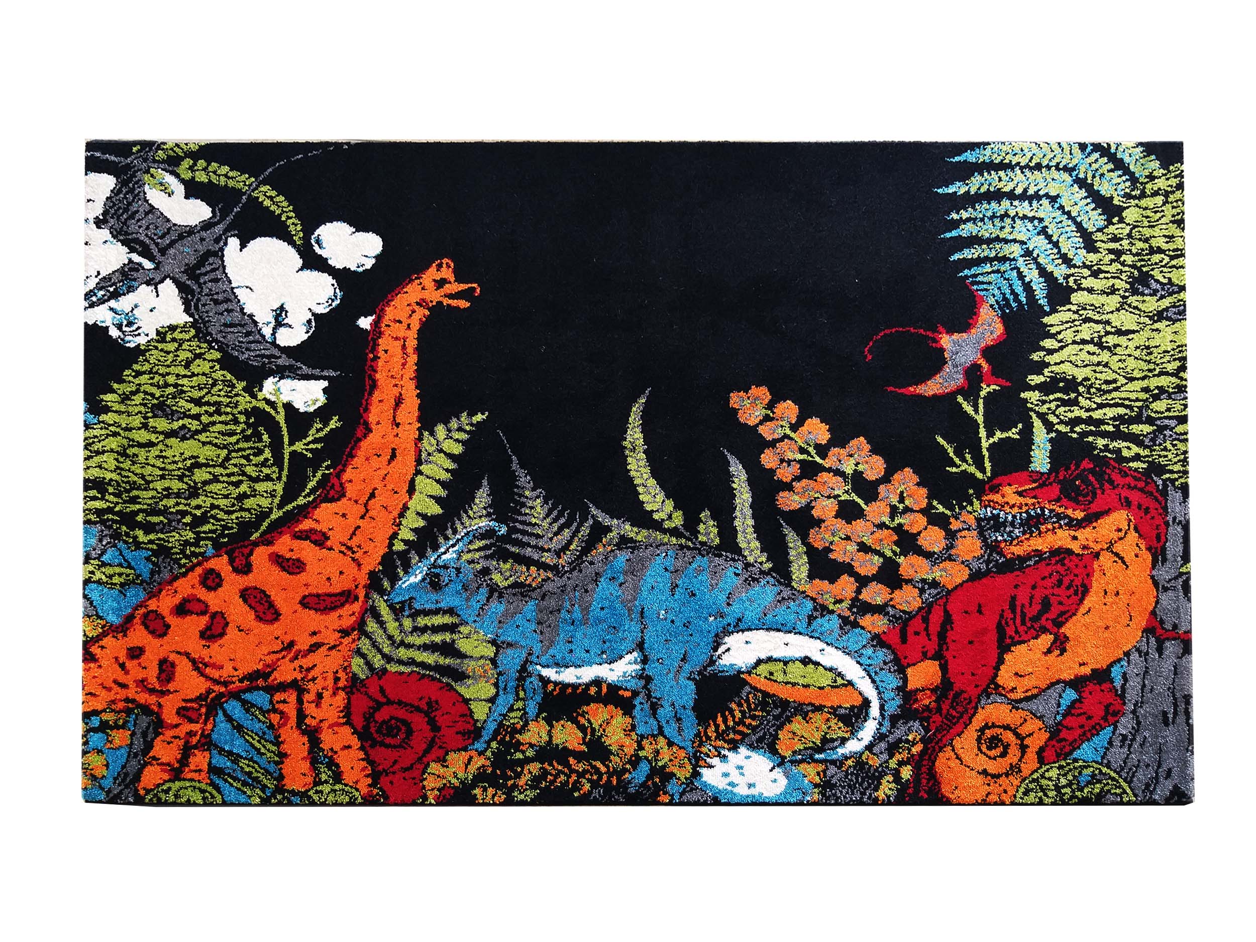 Tapis noir orné de dinosaures orange, bleus et rouges dans une jungle dense aux feuillages verts et oranges