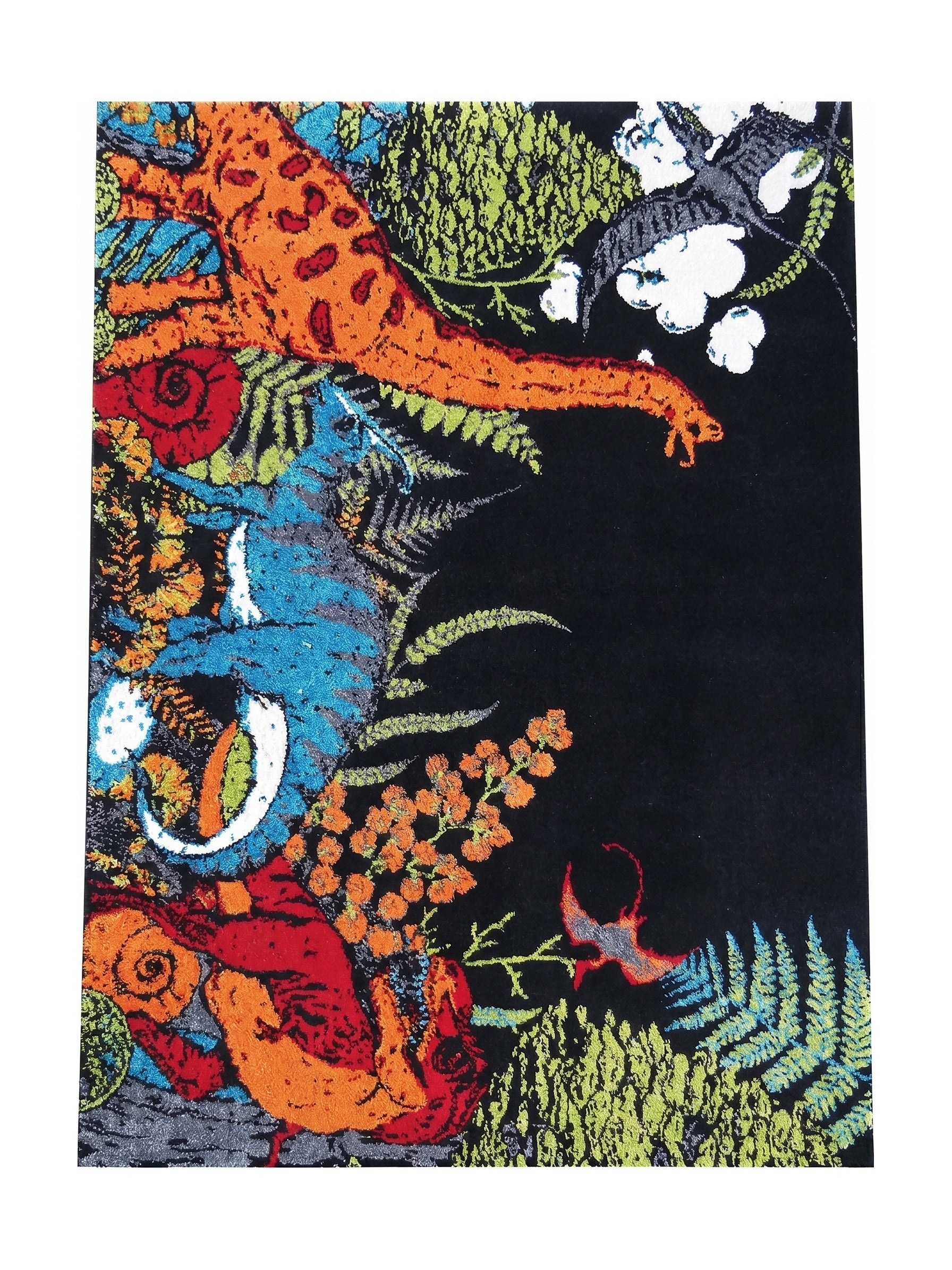 Tapis rectangulaire coloré à motifs de jungle luxuriante et figures abstraites en orange, vert, bleu et rouge sur fond noir