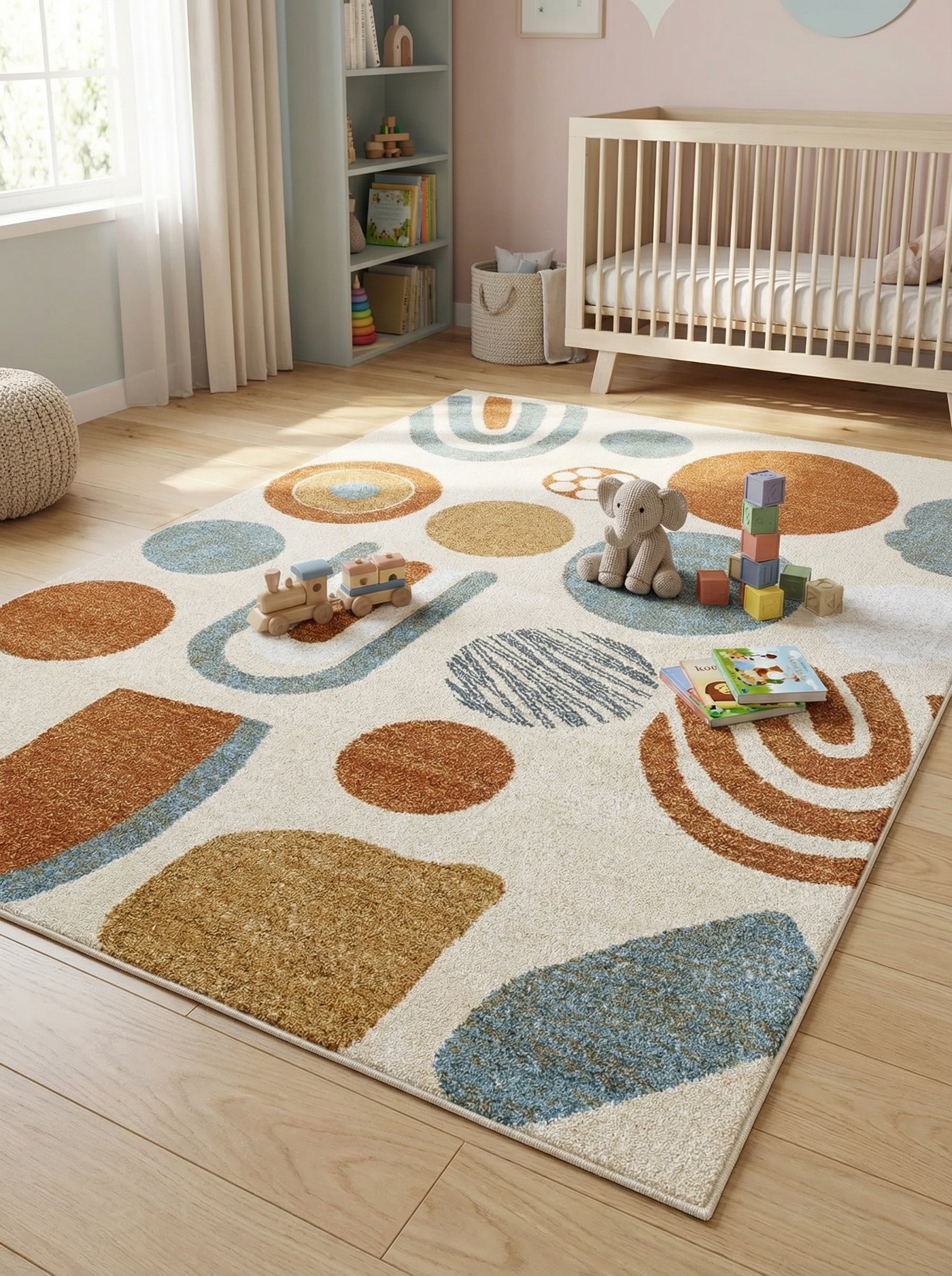 Tapis rectangulaire beige aux motifs abstraits oranges, bleus et ocres sur le sol clair d'une chambre d'enfant