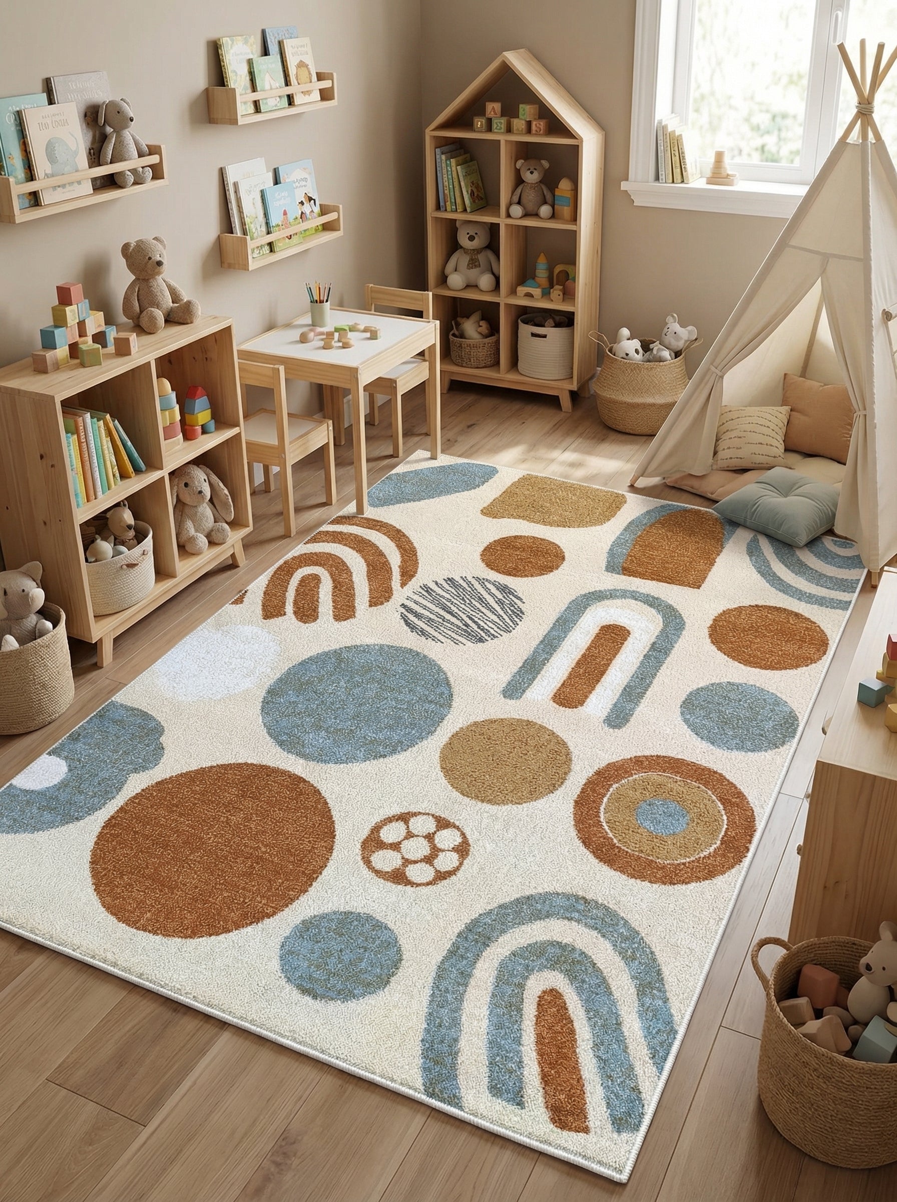 Tapis rectangulaire moelleux crème à motifs géométriques marron rouille, bleu clair et beige dans une chambre d'enfant