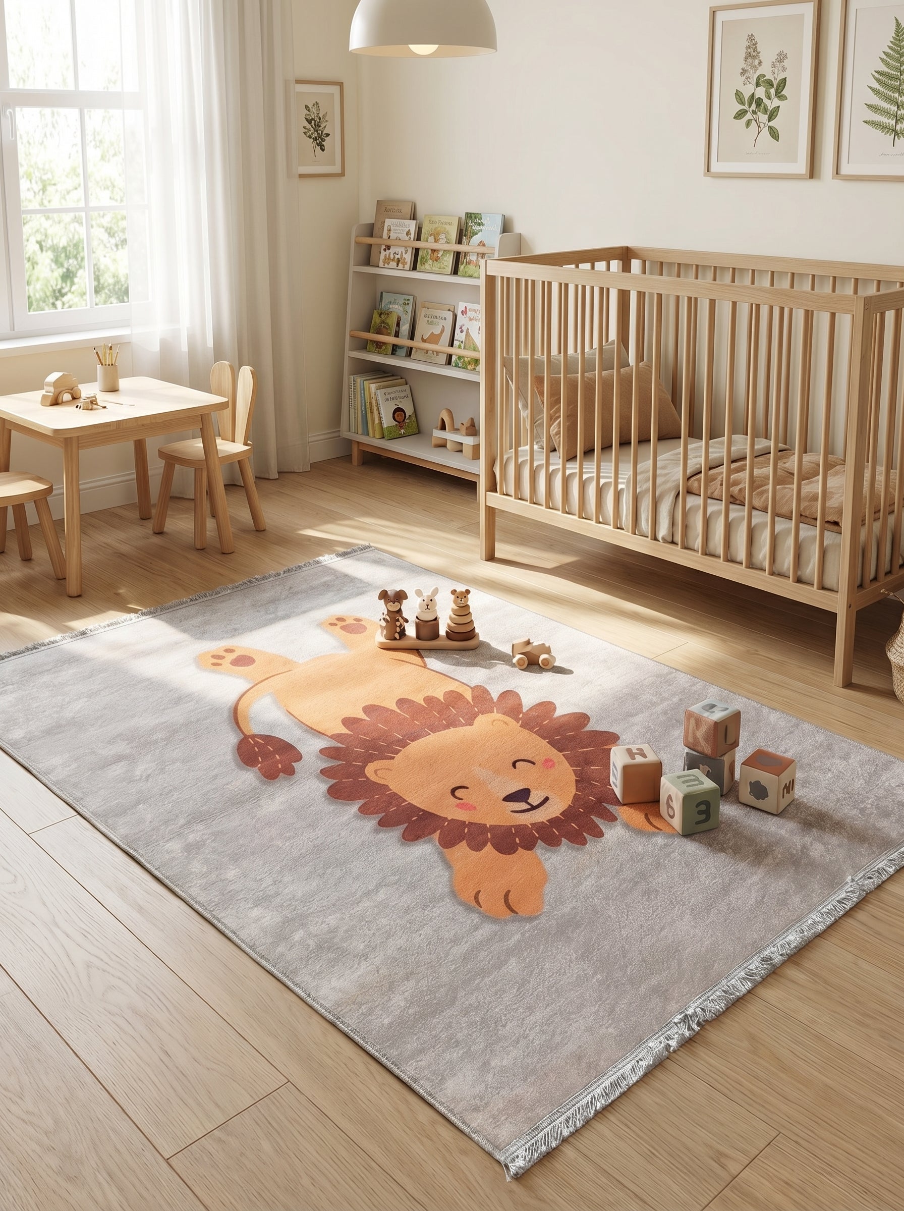 Tapis rectangulaire gris clair à franges, orné d'un lion souriant orange allongé sur le dos, dans une chambre de bébé