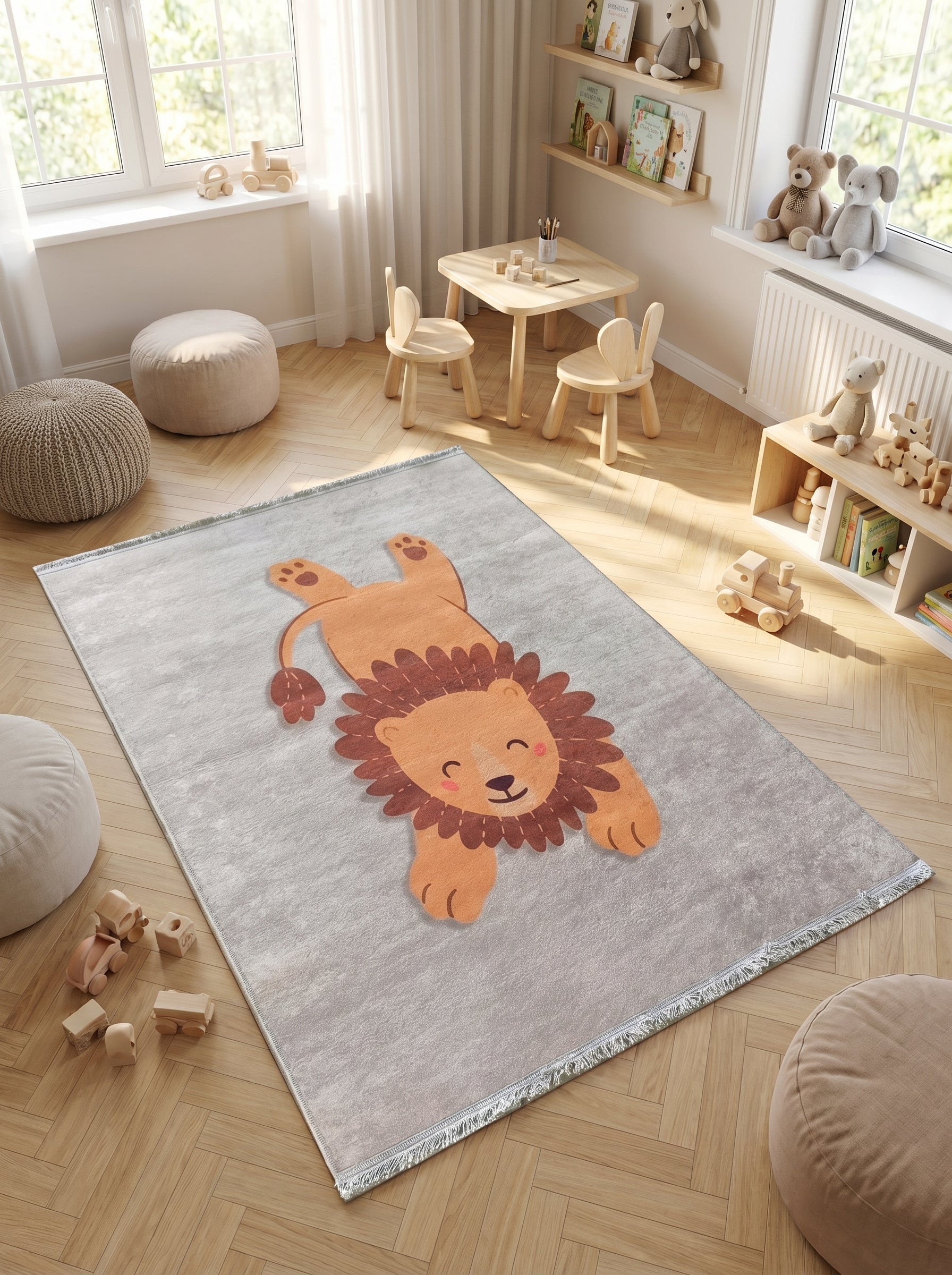 Tapis rectangulaire gris clair décoré d'un lion souriant orange et marron couché sur le dos, dans une chambre d'enfant lumineuse