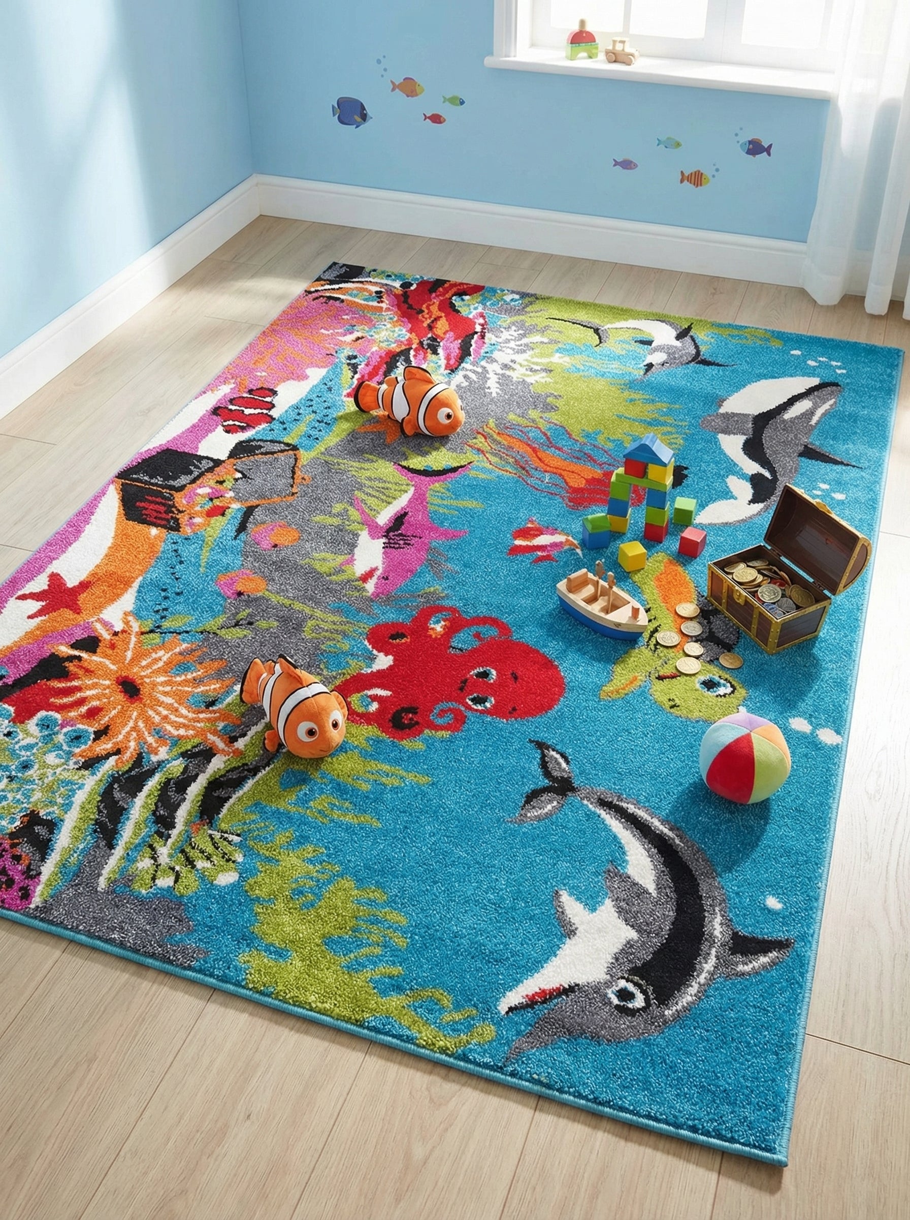 Tapis rectangulaire enfantin bleu vif avec motifs sous-marins de coraux, poissons, dauphins et poulpe, dans une chambre d'enfant
