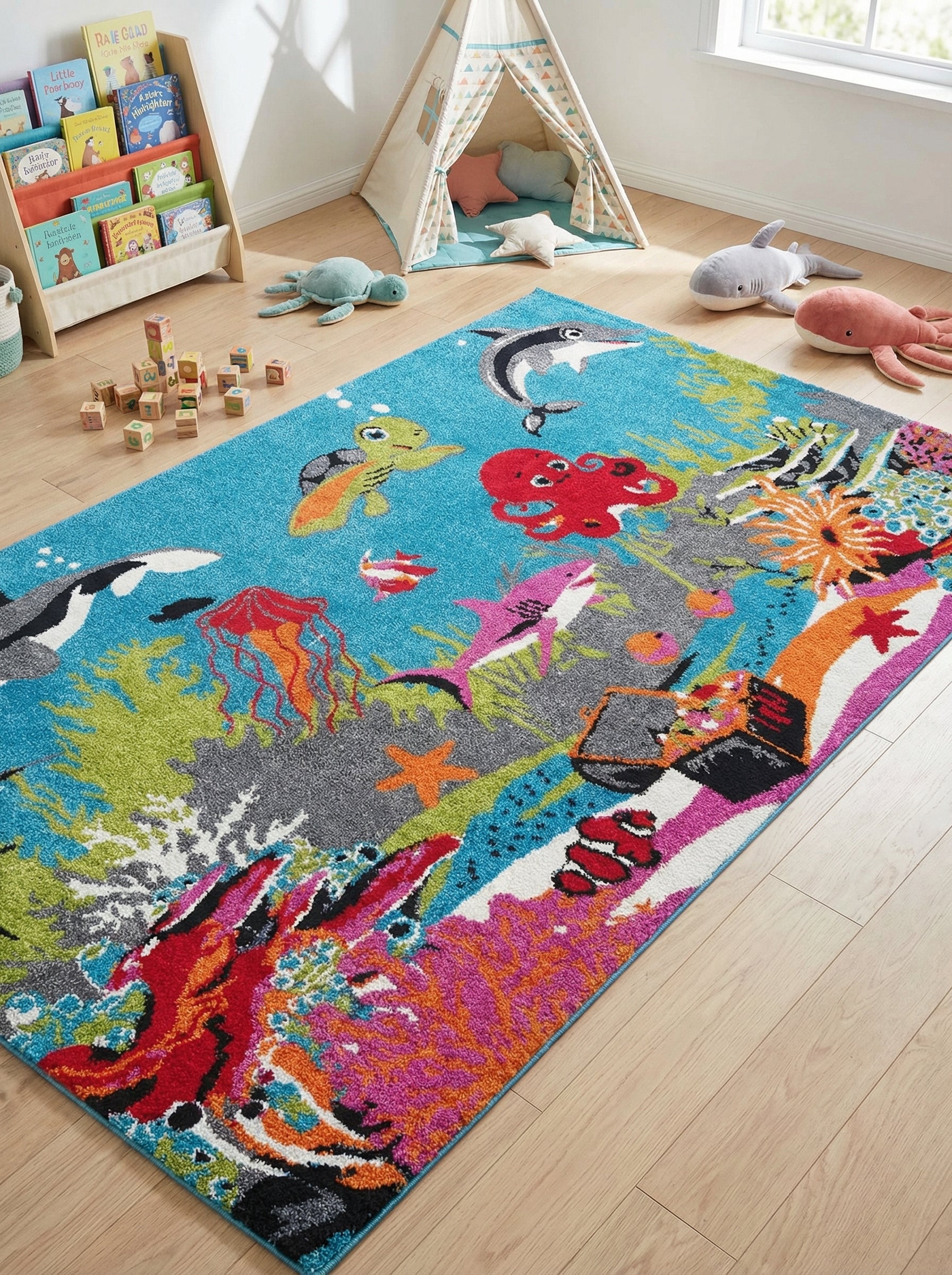 Tapis shaggy multicolore aux motifs sous-marins ludiques (dauphin, tortue, requin, coraux vifs) sur fond bleu. Il décore une chambre d'enfant