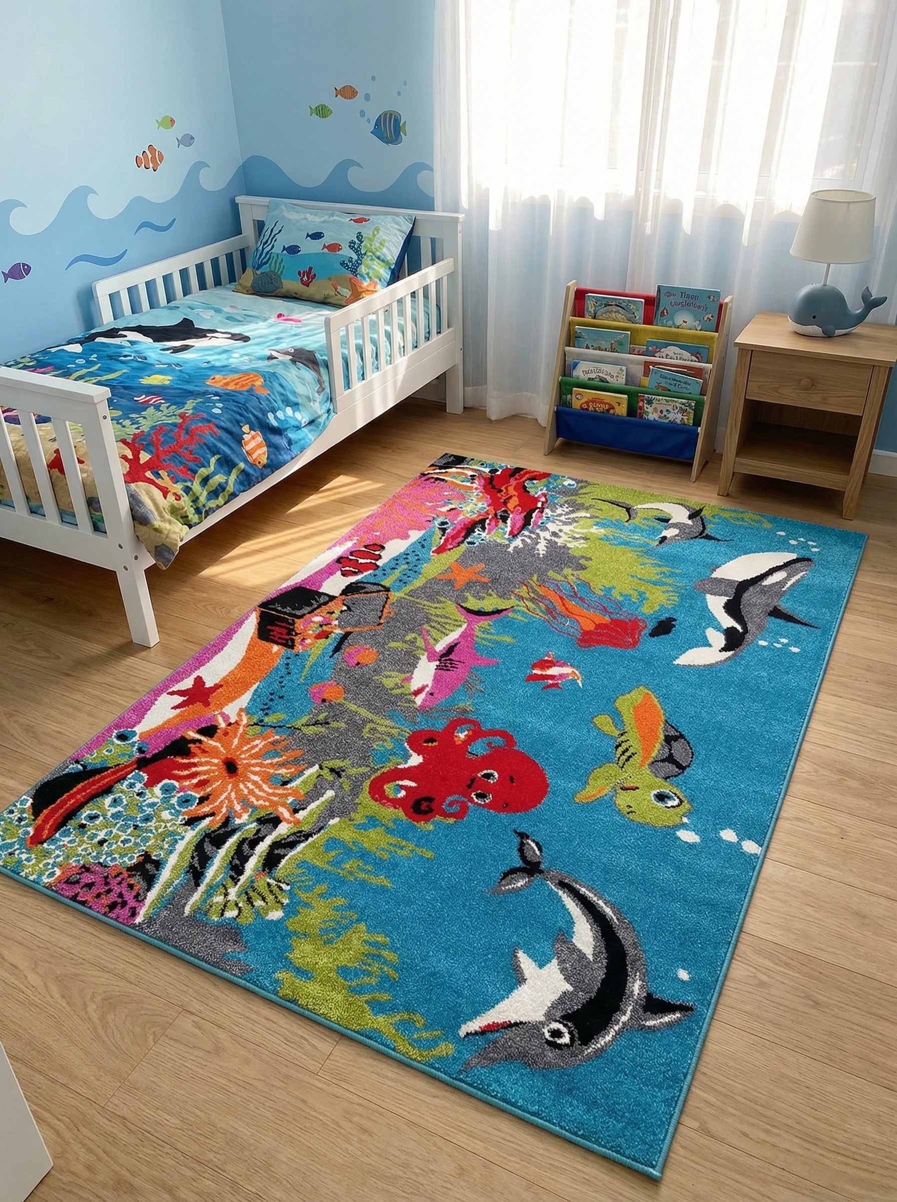 Tapis à motifs marins vifs avec orques, poulpe rouge, poissons et coraux sur bleu turquoise. Chambre d'enfant