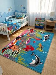 Tapis à motifs marins vifs avec orques, poulpe rouge, poissons et coraux sur bleu turquoise. Chambre d'enfant