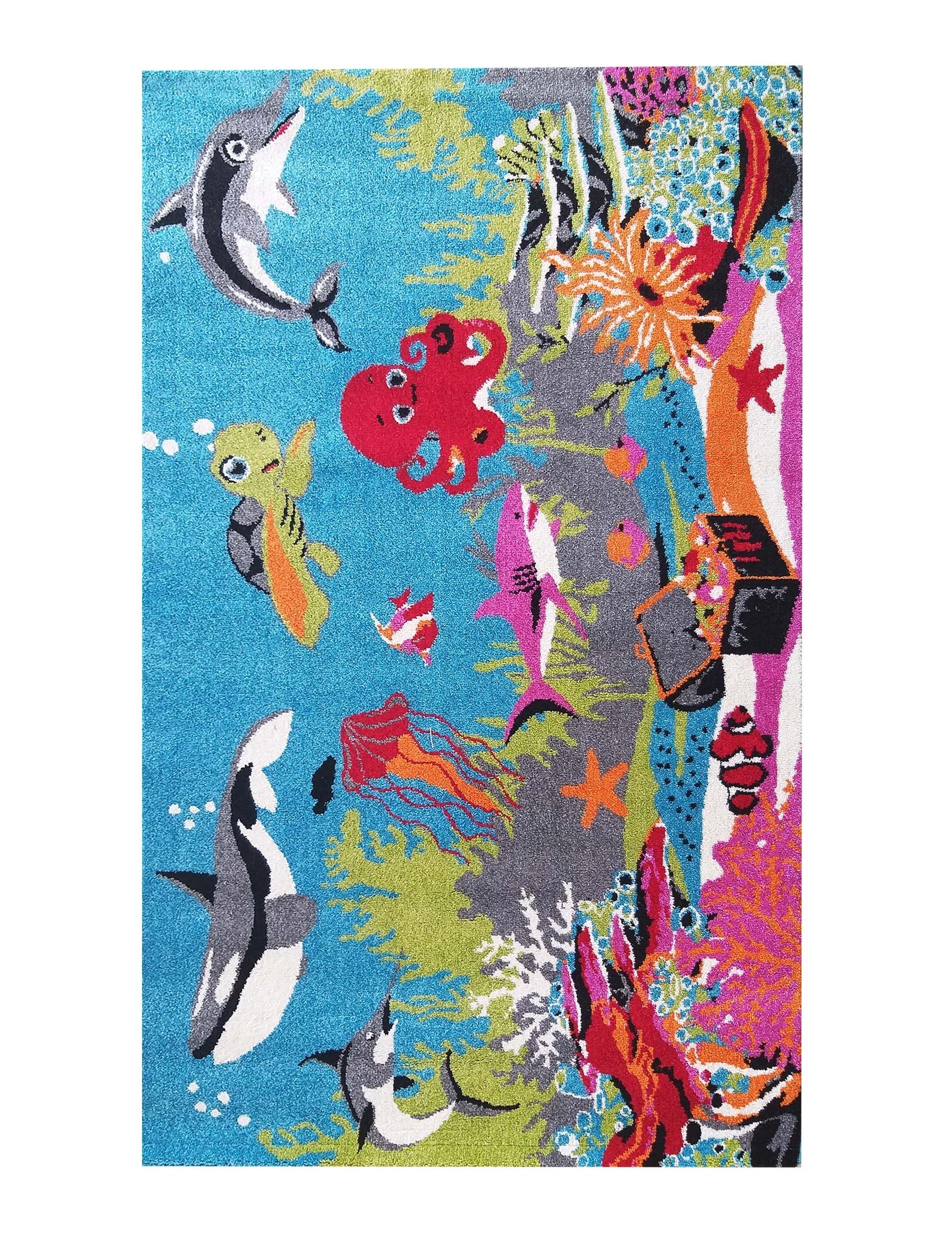 Tapis bleu vif et multicolore à la texture touffue, orné d'animaux marins et de coraux aux couleurs éclatantes