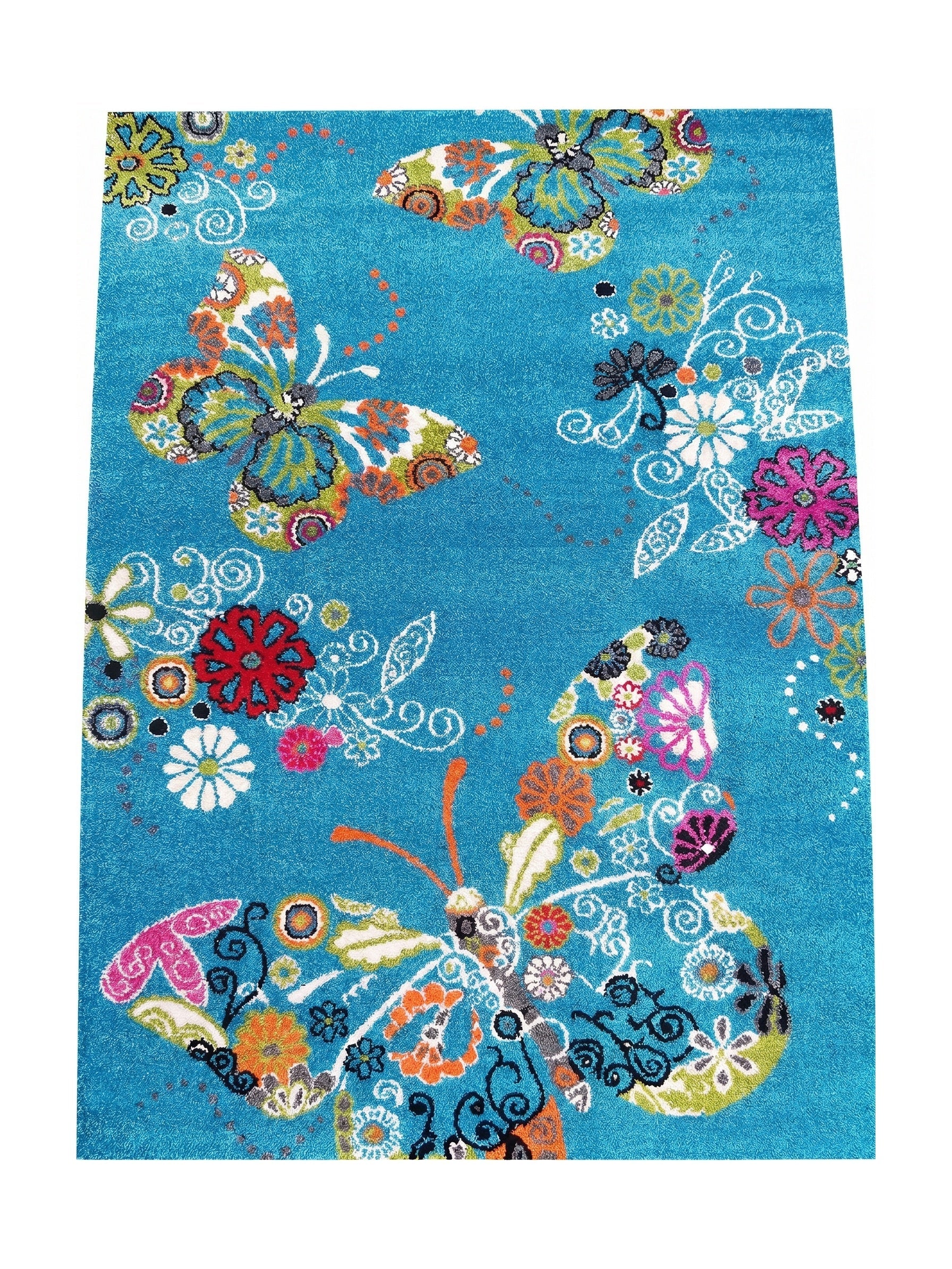 Tapis à fond bleu vif et poils longs avec des motifs de grands papillons et de fleurs multicolores