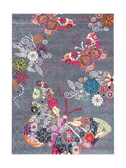 Tapis gris texturé orné de papillons colorés et de motifs floraux et végétaux entrelacés aux couleurs vives
