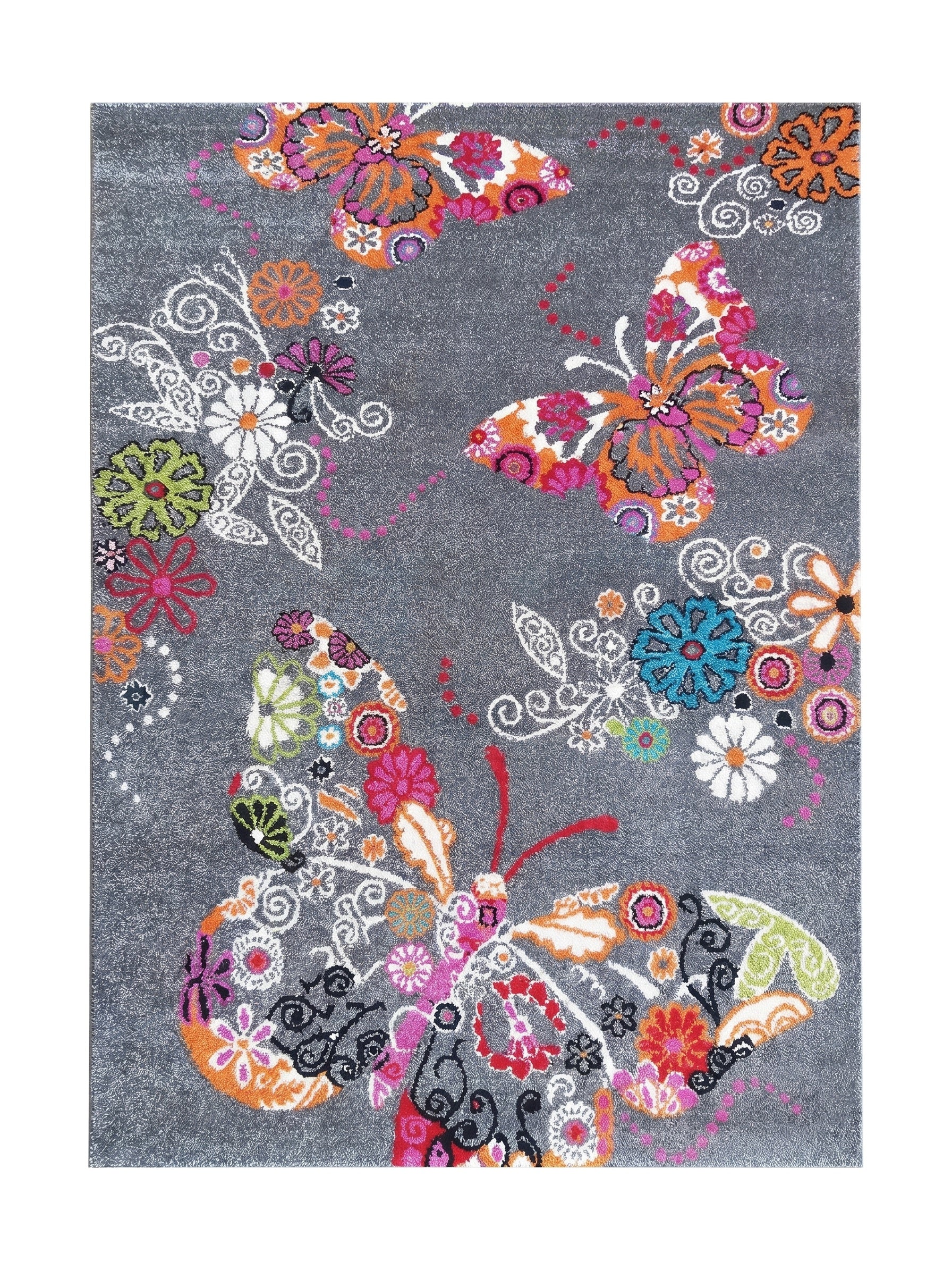 Tapis gris texturé orné de papillons colorés et de motifs floraux et végétaux entrelacés aux couleurs vives