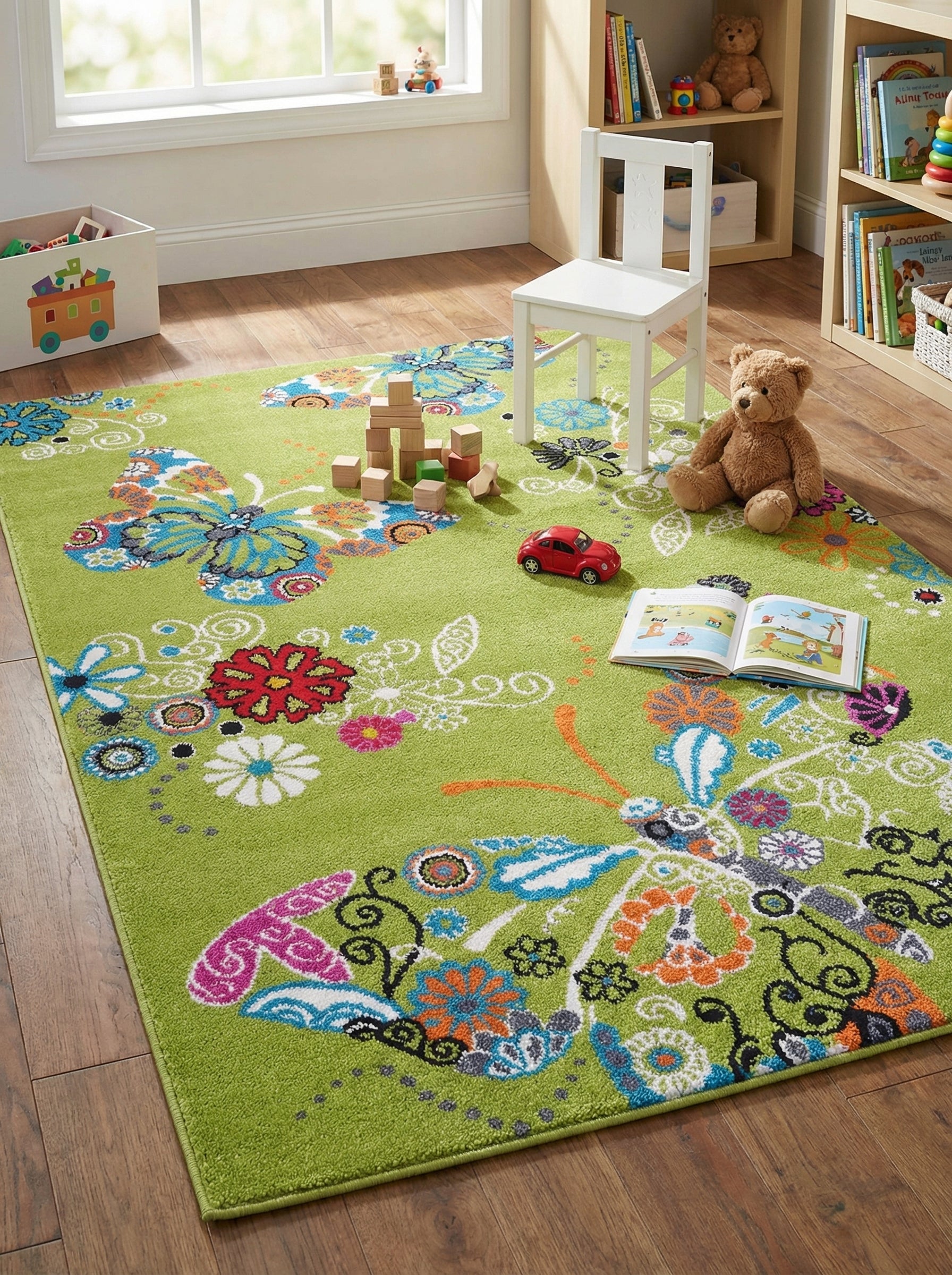 Tapis rectangulaire vert lime orné de grands papillons stylisés et de fleurs aux couleurs vives (bleu, orange, rose, rouge) dans une chambre d'enfant