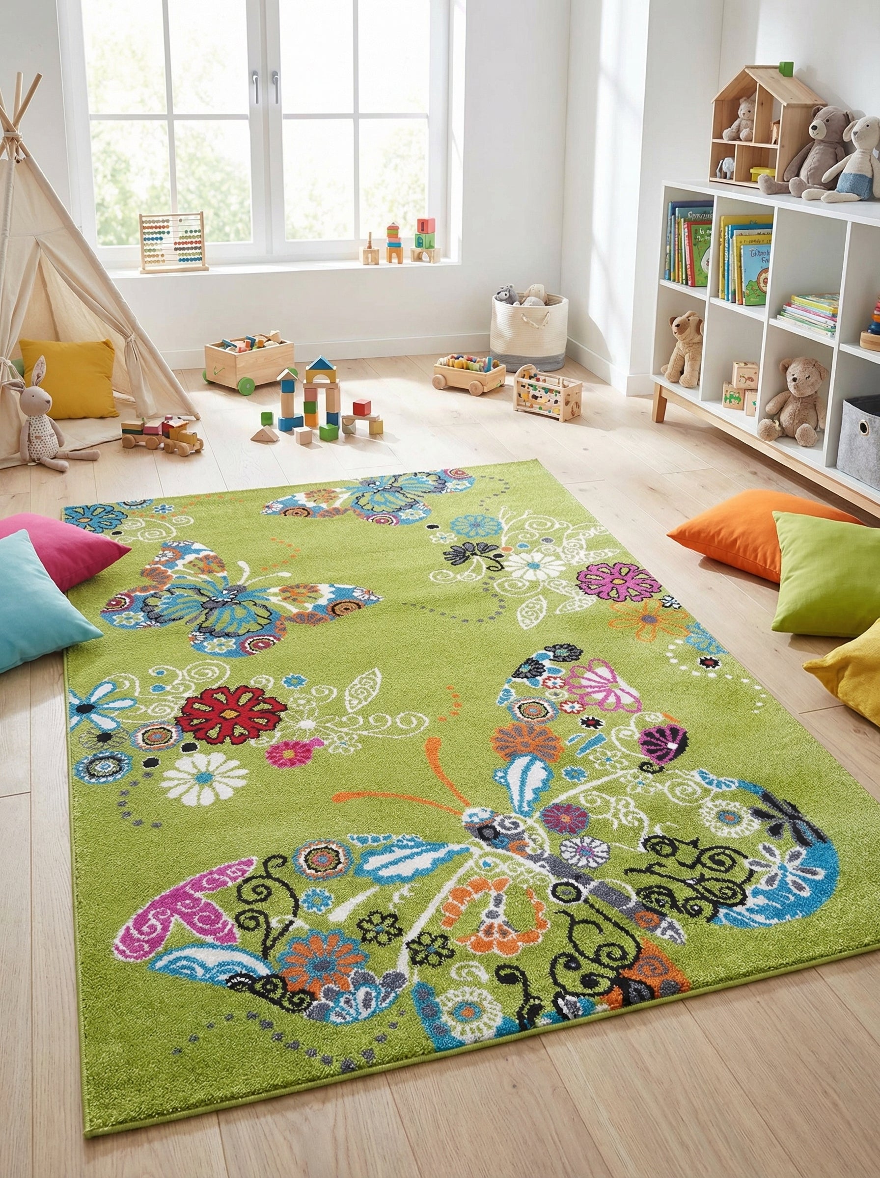 Tapis rectangulaire vert lime à motifs de grands papillons stylisés et de fleurs multicolores vives dans une chambre d'enfant lumineuse