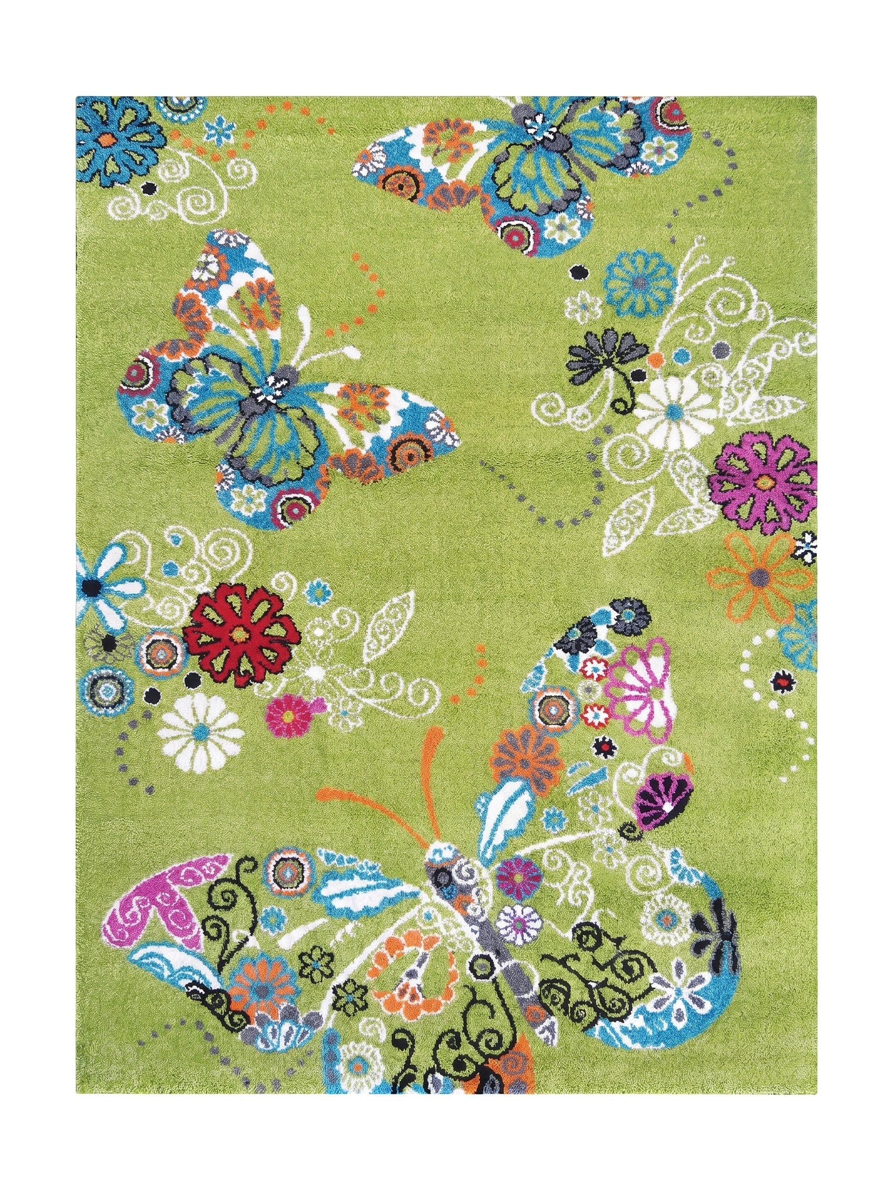 Tapis vert pomme à poils longs, orné de grands papillons et de fleurs aux motifs détaillés, aux couleurs vives et variées