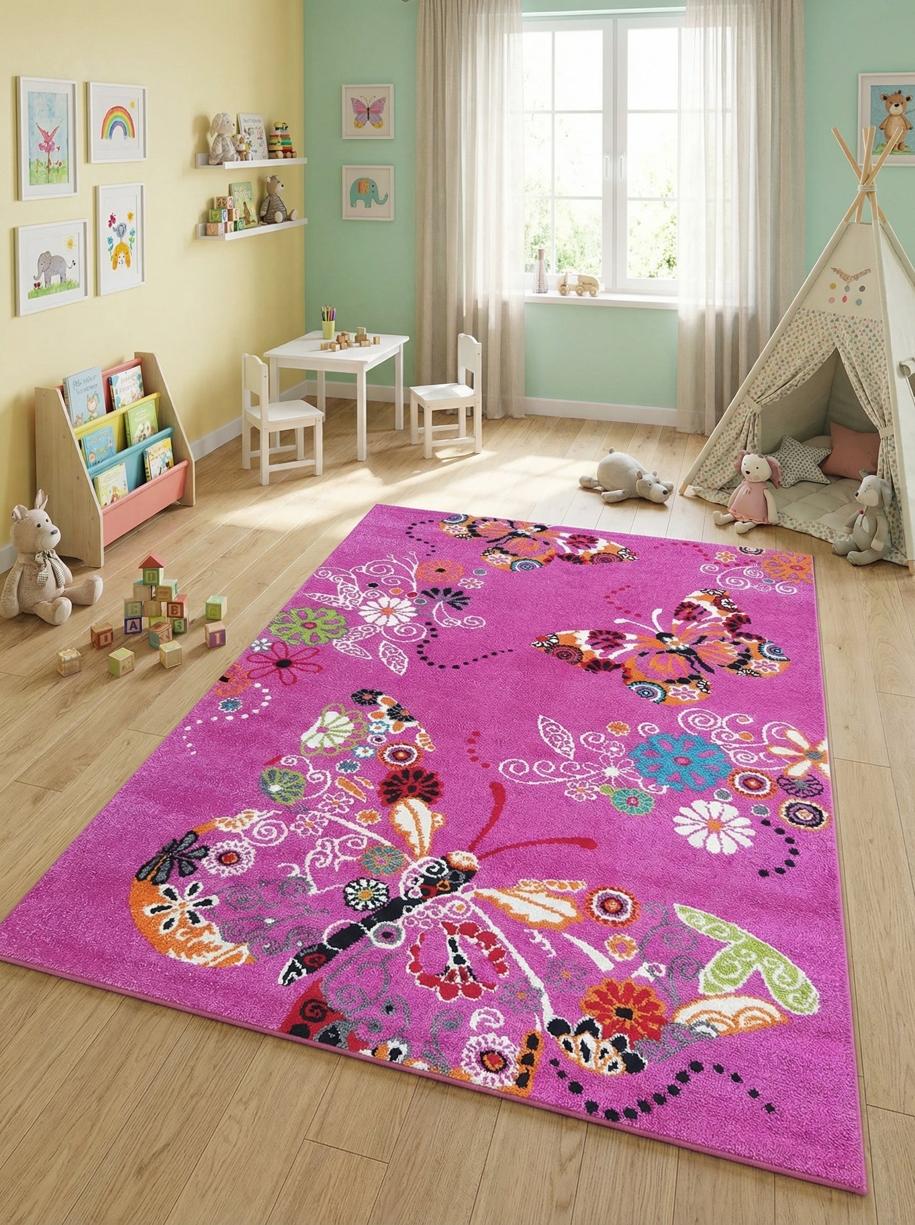 Tapis fuchsia moelleux et rectangulaire, orné de papillons et fleurs aux couleurs vives, dans une chambre d'enfant