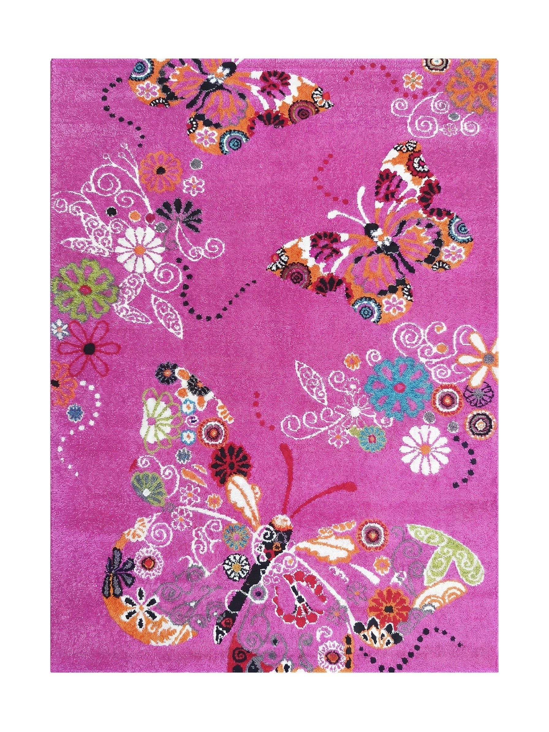 Tapis rose fuchsia à poils longs, décoré de grands papillons et de motifs floraux vifs et multicolores
