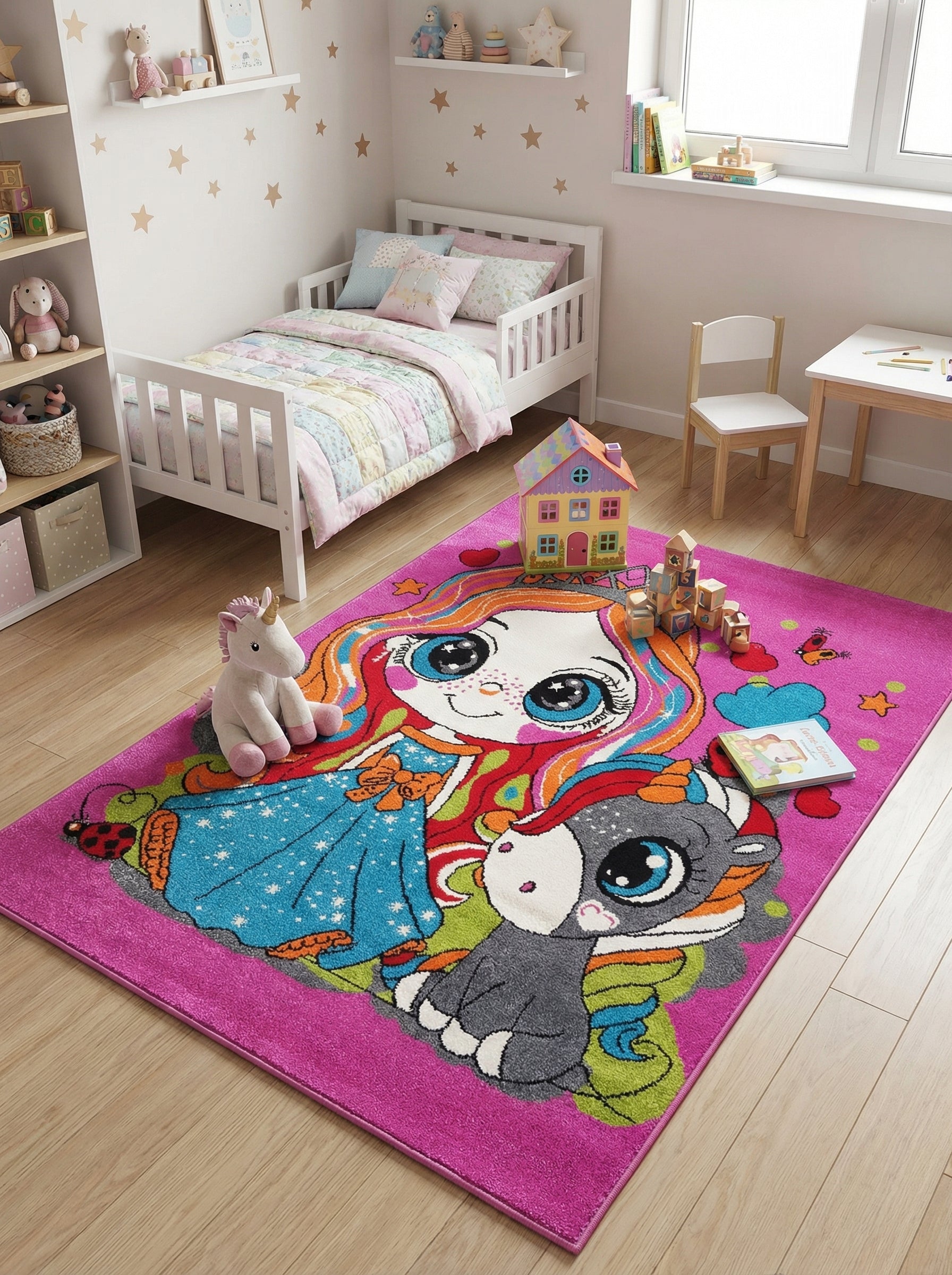 Tapis rectangulaire rose vif à poils longs, orné d'une grande fille aux cheveux arc-en-ciel et d'une licorne grise, dans une chambre d'enfant lumineuse
