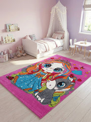 Tapis rectangulaire fuchsia à grand motif de dessin animé d'une fille aux cheveux colorés et d'une licorne grise, décoré d'étoiles et cœurs, dans une chambre d'enfant