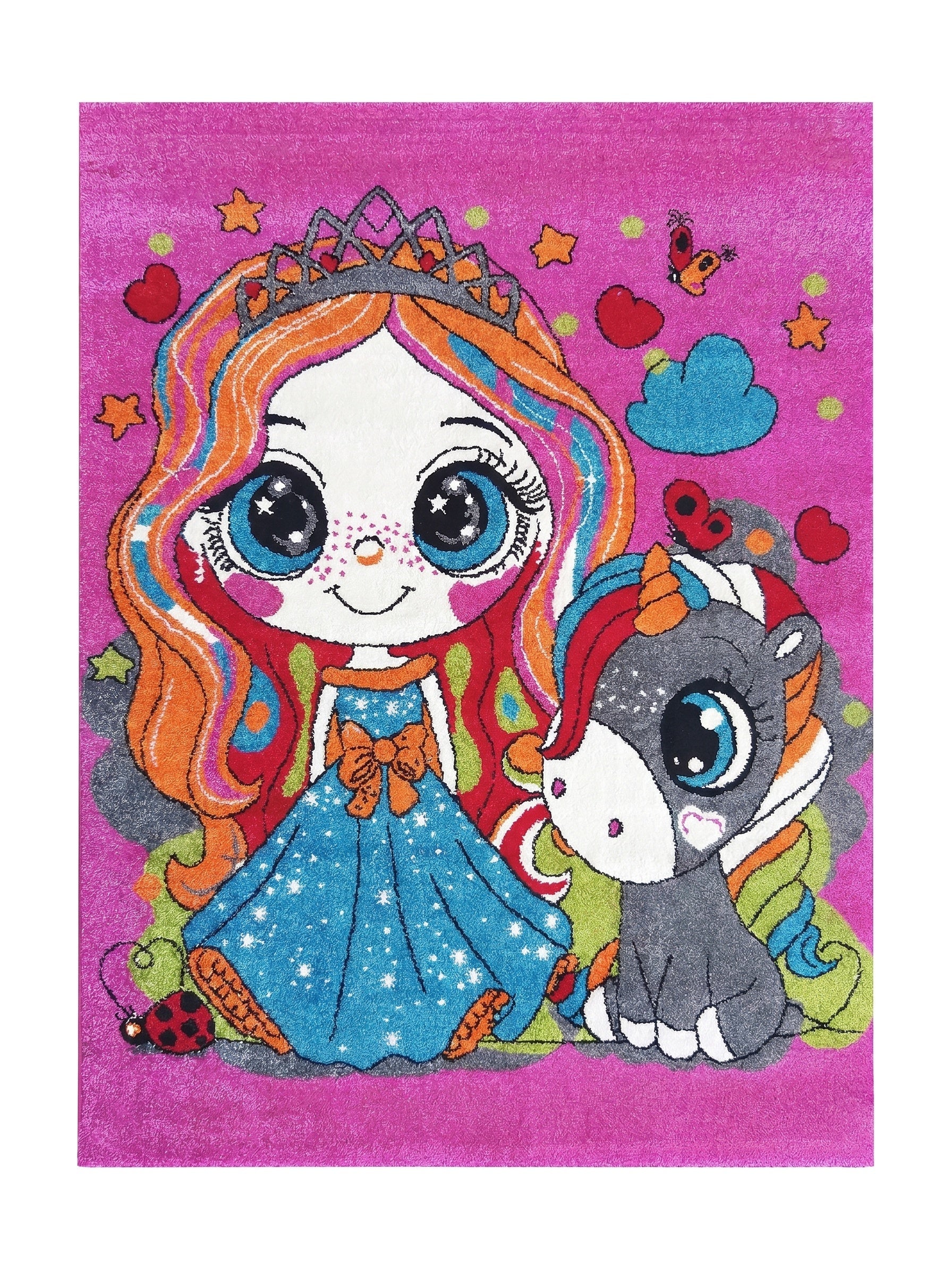 Tapis rose fuchsia avec motif d'une princesse aux cheveux multicolores, d'une licorne grise, de cœurs, étoiles et nuages